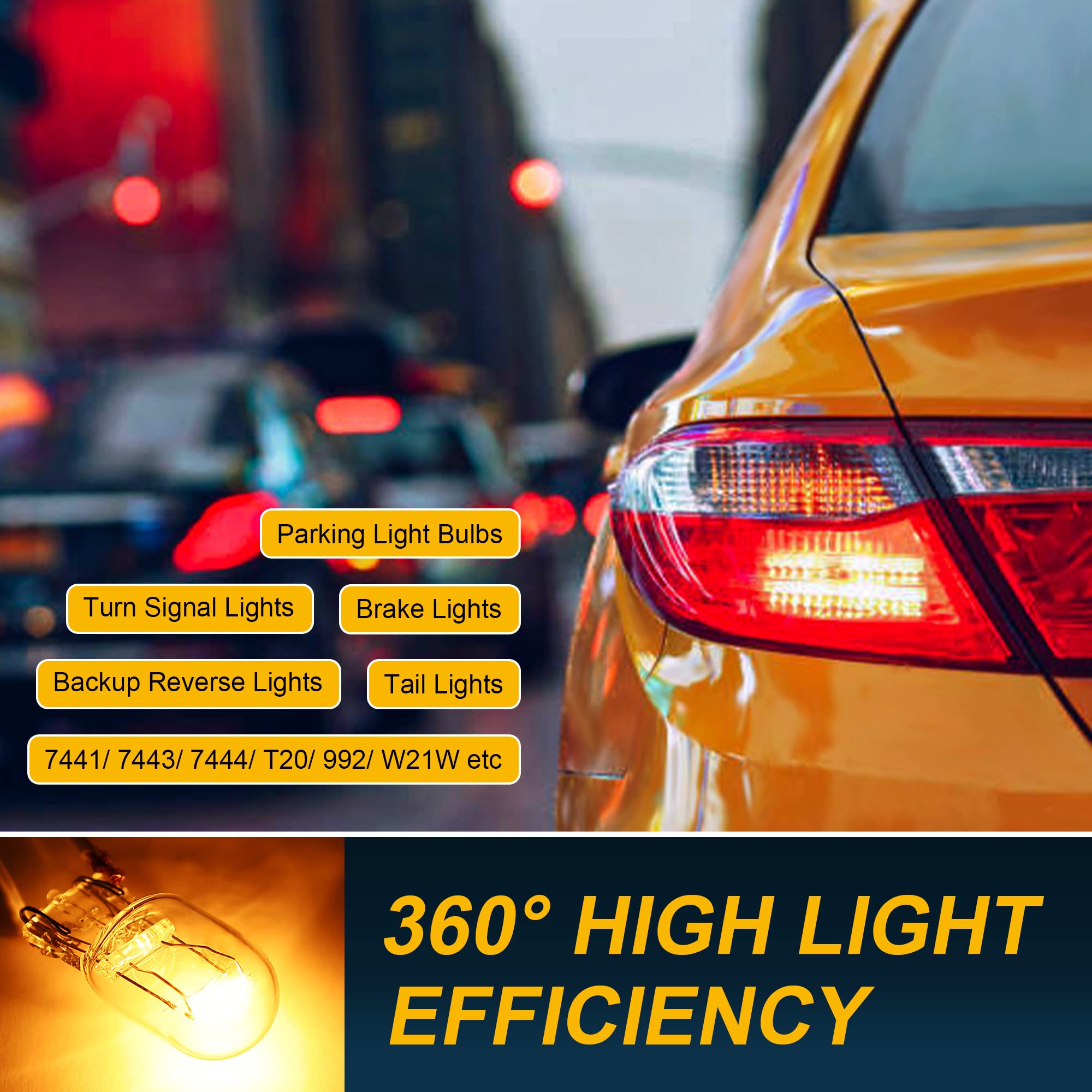 Meonum 7443 Brake Light Bulb - T20 1891, Yellow, 0.79in x 1.69in, 10 Pcs for Cars, Trucks, DR