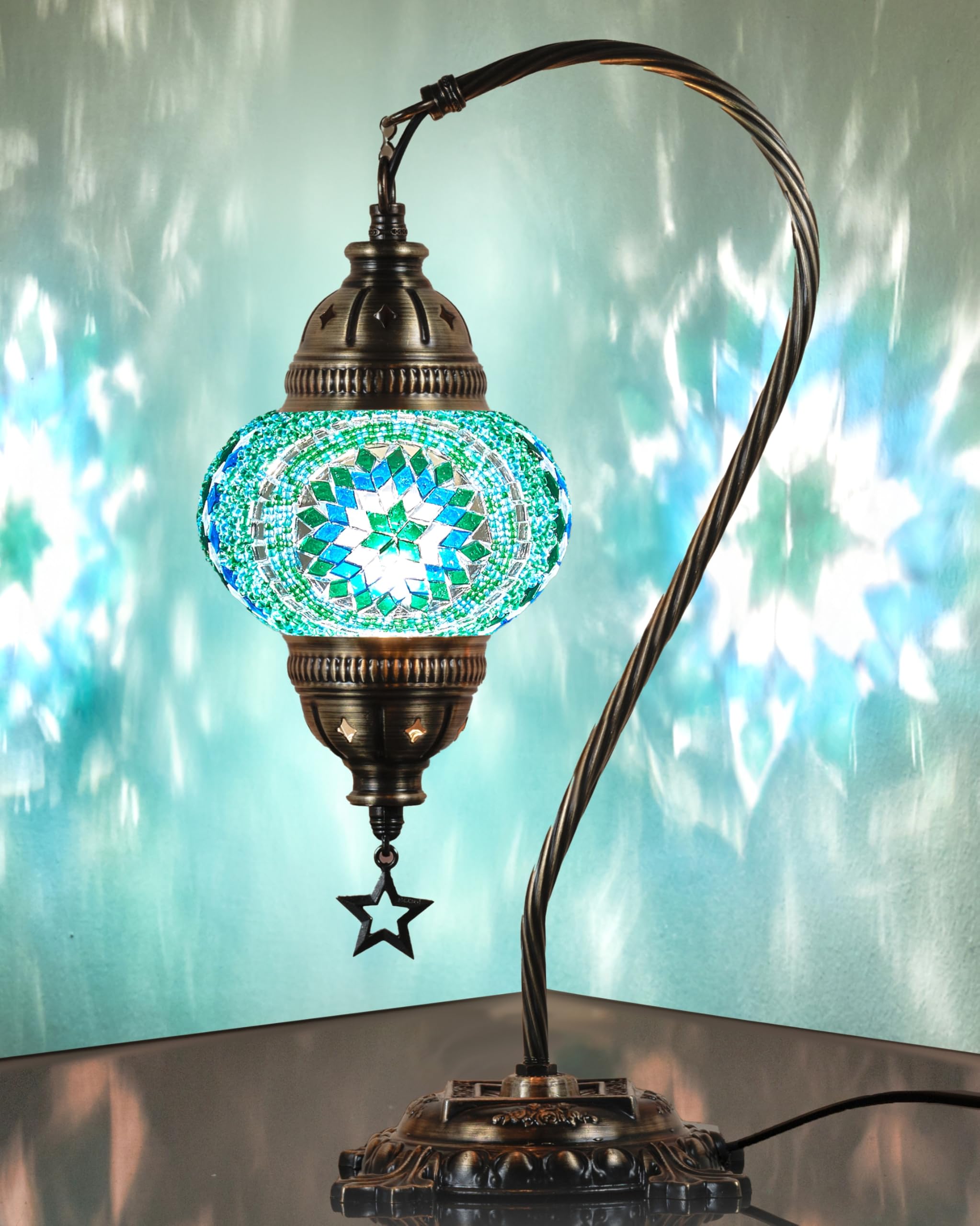 DEMMEX Turkish Mosaic Table Lamp - Handcrafted Tiffany-Style, 15in H, Turquoise, Swan Neck Accent Lighting for Bedroom or Living Room