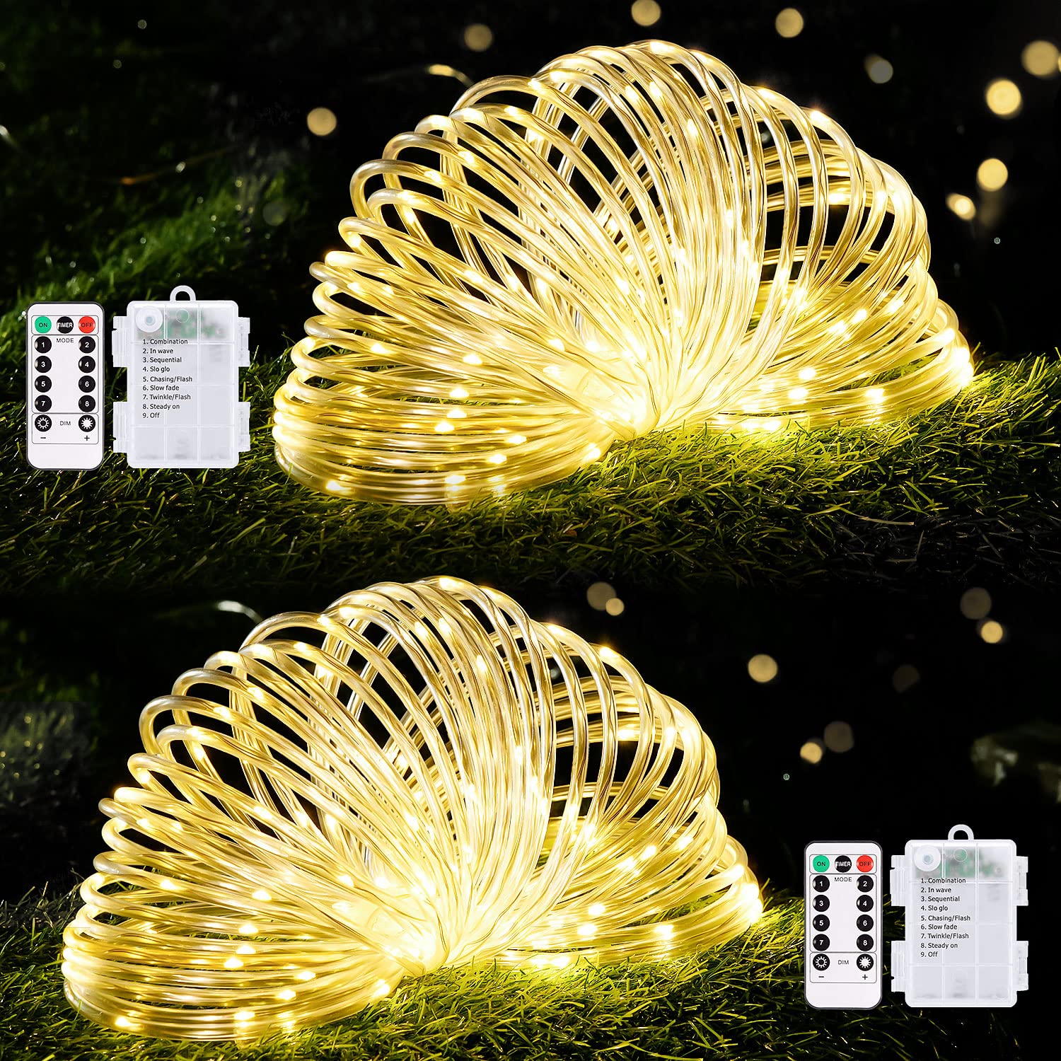 POTIVE 66Ft Battery Powered String Lights, 2 Pack Total 200 LED Outdoor Battery Operated Light, 8 Modes Battery Operated Rope Lights for Christmas Garden Walkway Patio Decorations (Warm White)
