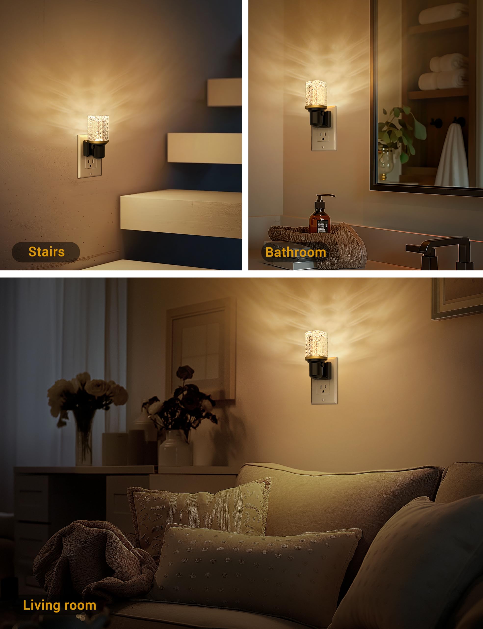 JandCase LED Night Light, Dimmable 3000K Soft White, 2 Pack, Warm Crystal, Auto On/Off Sensor, Model C-GY22004ZSUS-2