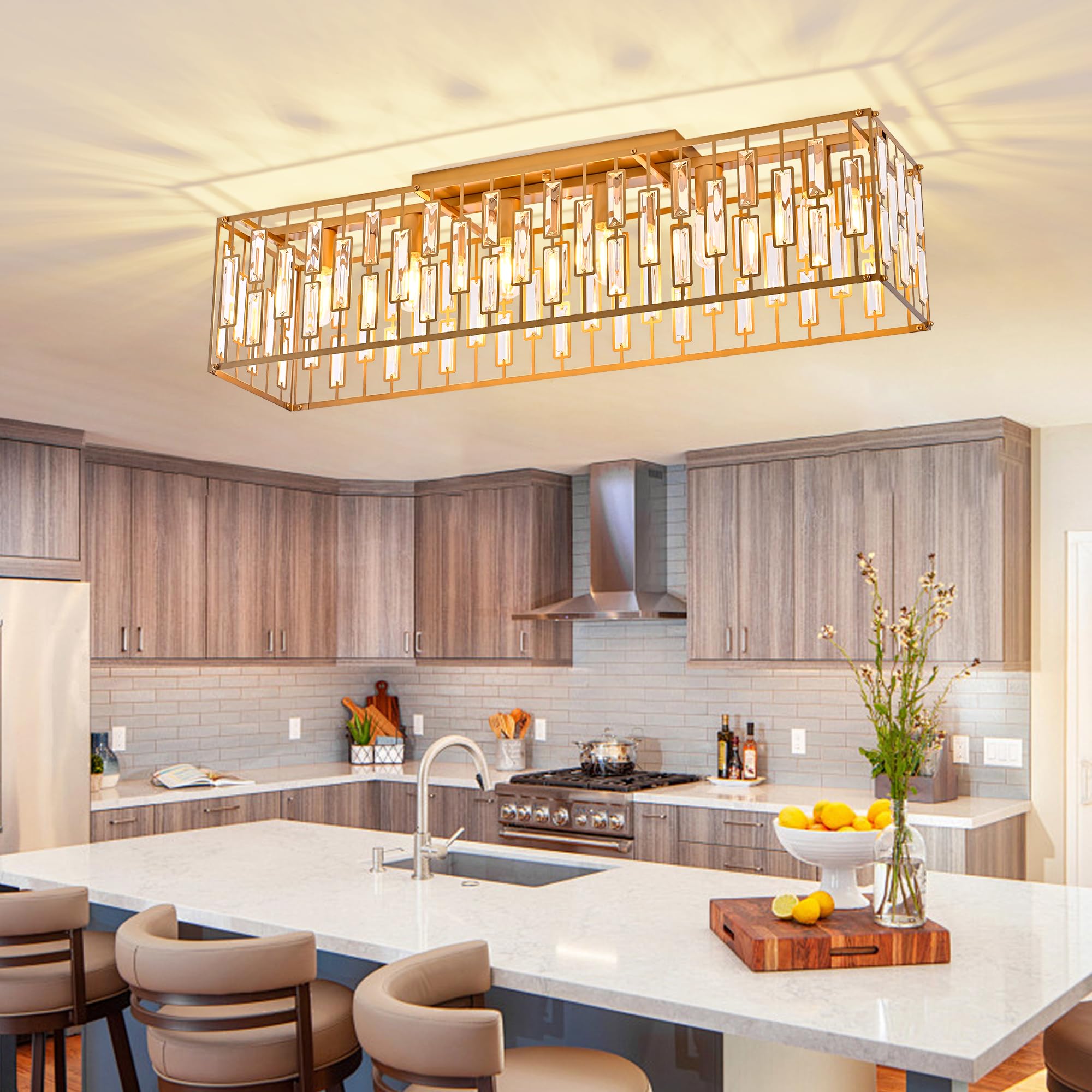 Garwarm Gold Crystal Chandelier, 6-Light Rectangle Flush Mount Ceiling Light, Model TT-JD1002G-6, for Living Room and Dining Room