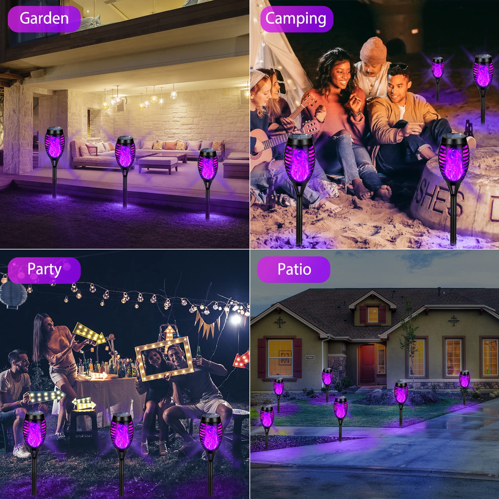 Tancuzo Solar Lights Outdoor Waterproof Purple, Upgraded 6 Pack Solar Tiki Torches With Flickering Flame For Garden Decor, Solar Outdoor Landscape Lights For Porch Yard Pathway Halloween Decorations