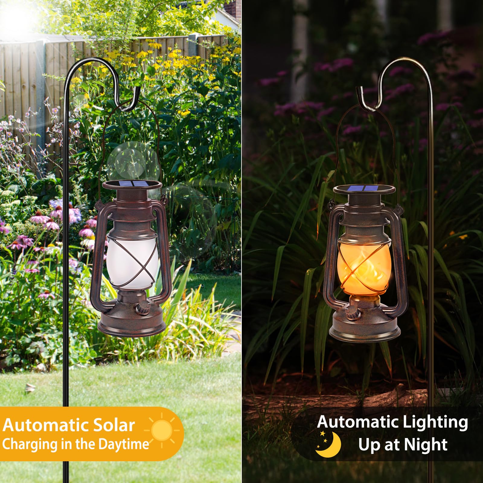 Wondrastical Solar LED Lanterns 2 Pack, Bronze Vintage with Dancing Flame, Waterproof for Outdoor Camping Patio Garden Decor