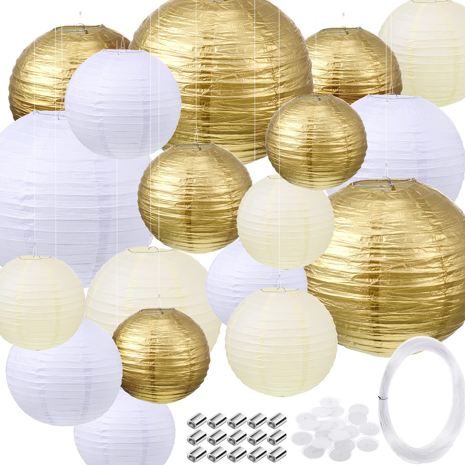 Pelopy 18 Pcs Gold, Beige, White Paper Lanterns 4/6/8/12 Inches Chinese Japanese Round Lamp For Paper Lanterns Indoor New Year W
