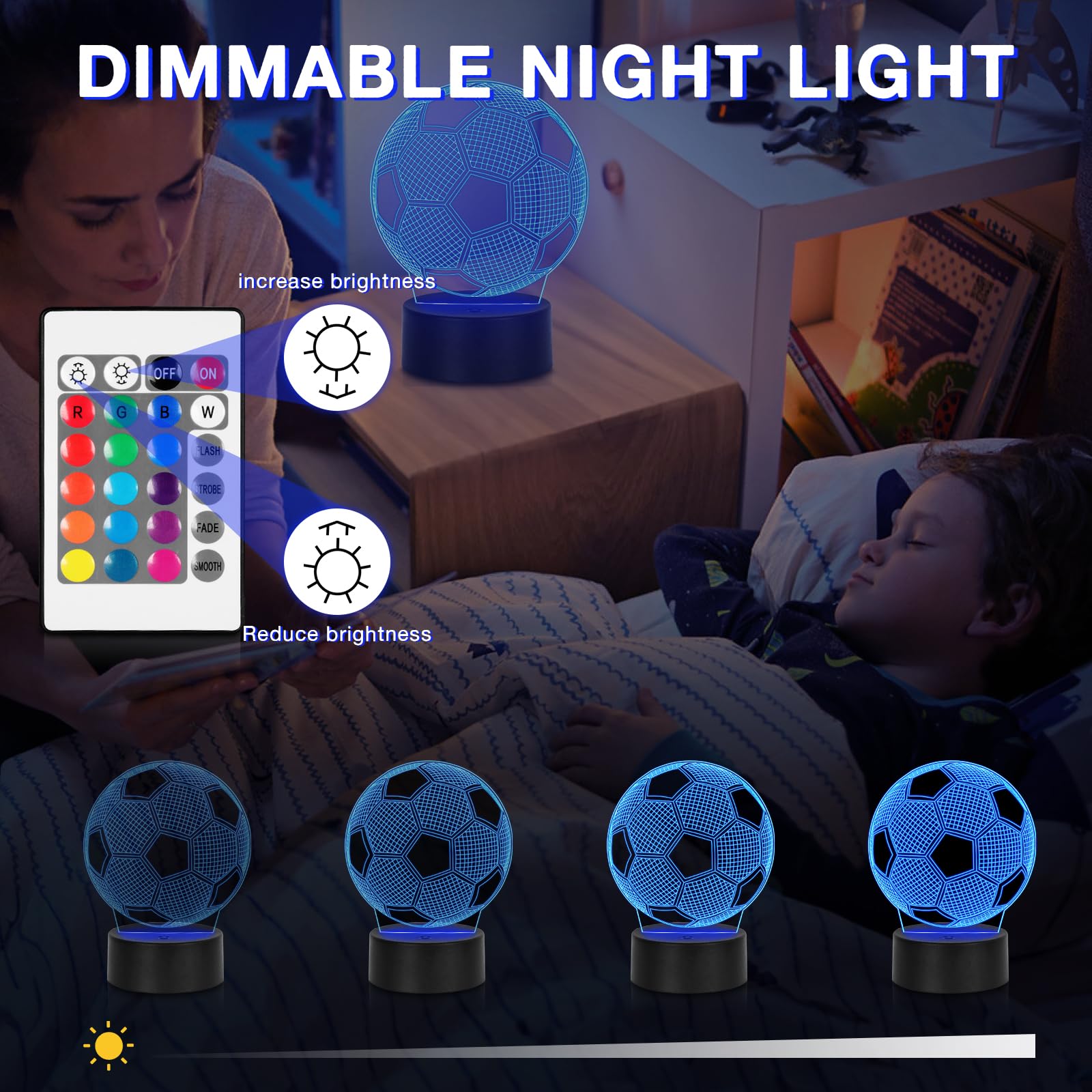 Funshot Soccer Lamp, Soccer Gift, Soccer Room Decor Night Light,Soccer Decor For Boys Room, 16 Colors 4 Light Models Changing With Remote Control