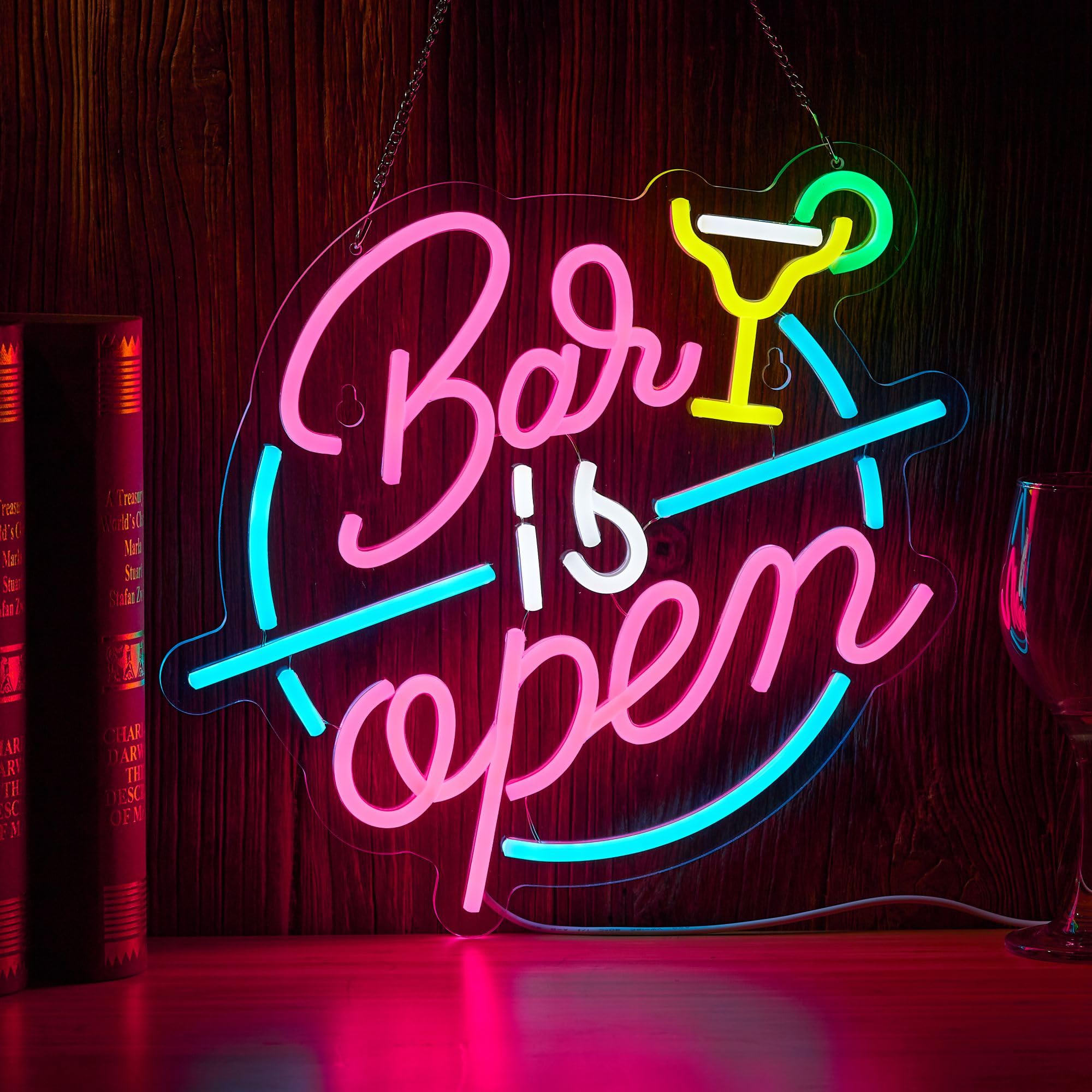 NEONLAND Bar Open Neon Sign LED Light for Wall Decor, Dimmer, 14.2inx13in, Pink/Blue/Yellow, Model: NEONLAND Bar is open