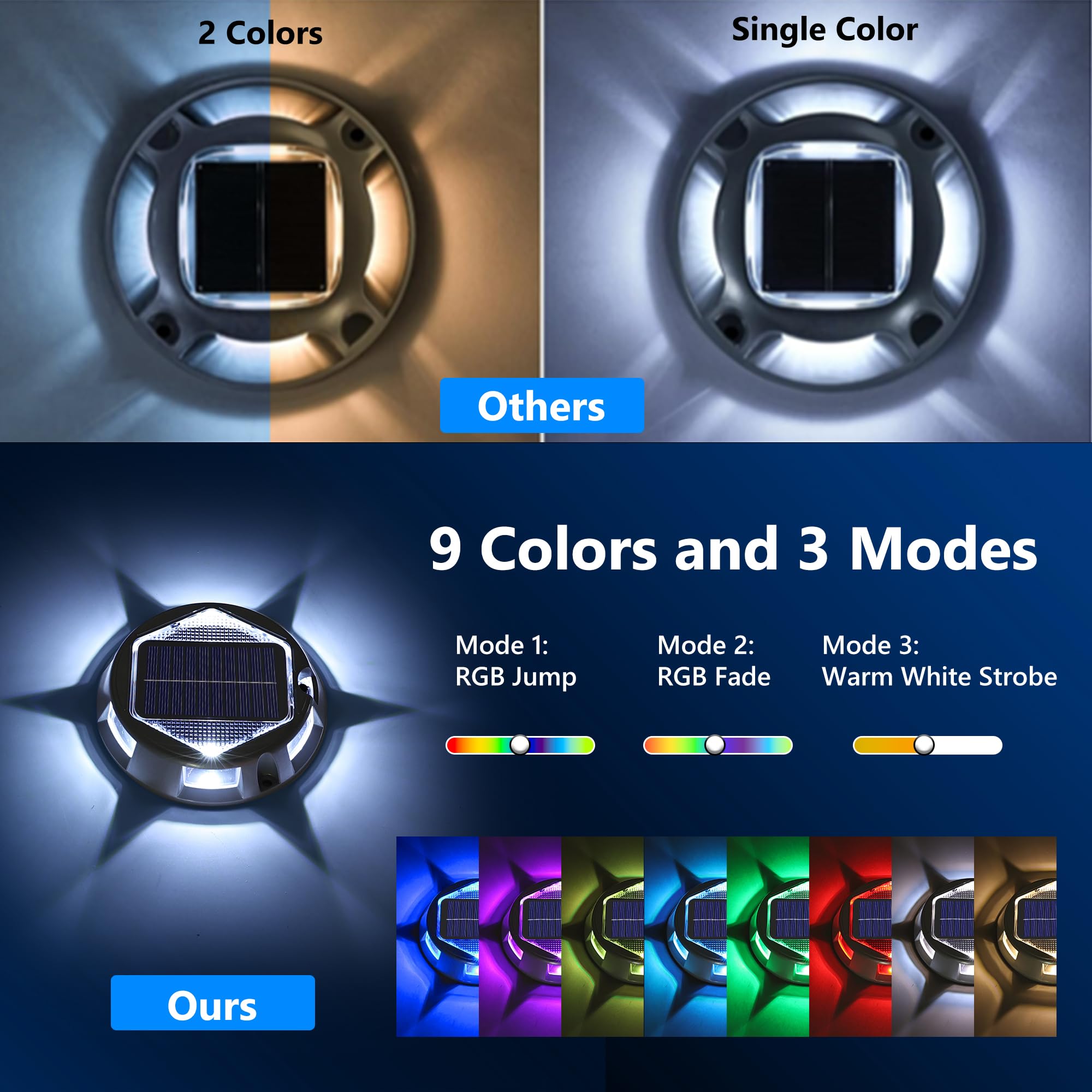 Solar Deck Light Outdoor, 12 Pack 9 Colors in 1 Solar Driveway Dock Lights, IP67 Waterproof Solar Powered Outdoor Light, RGB Ste