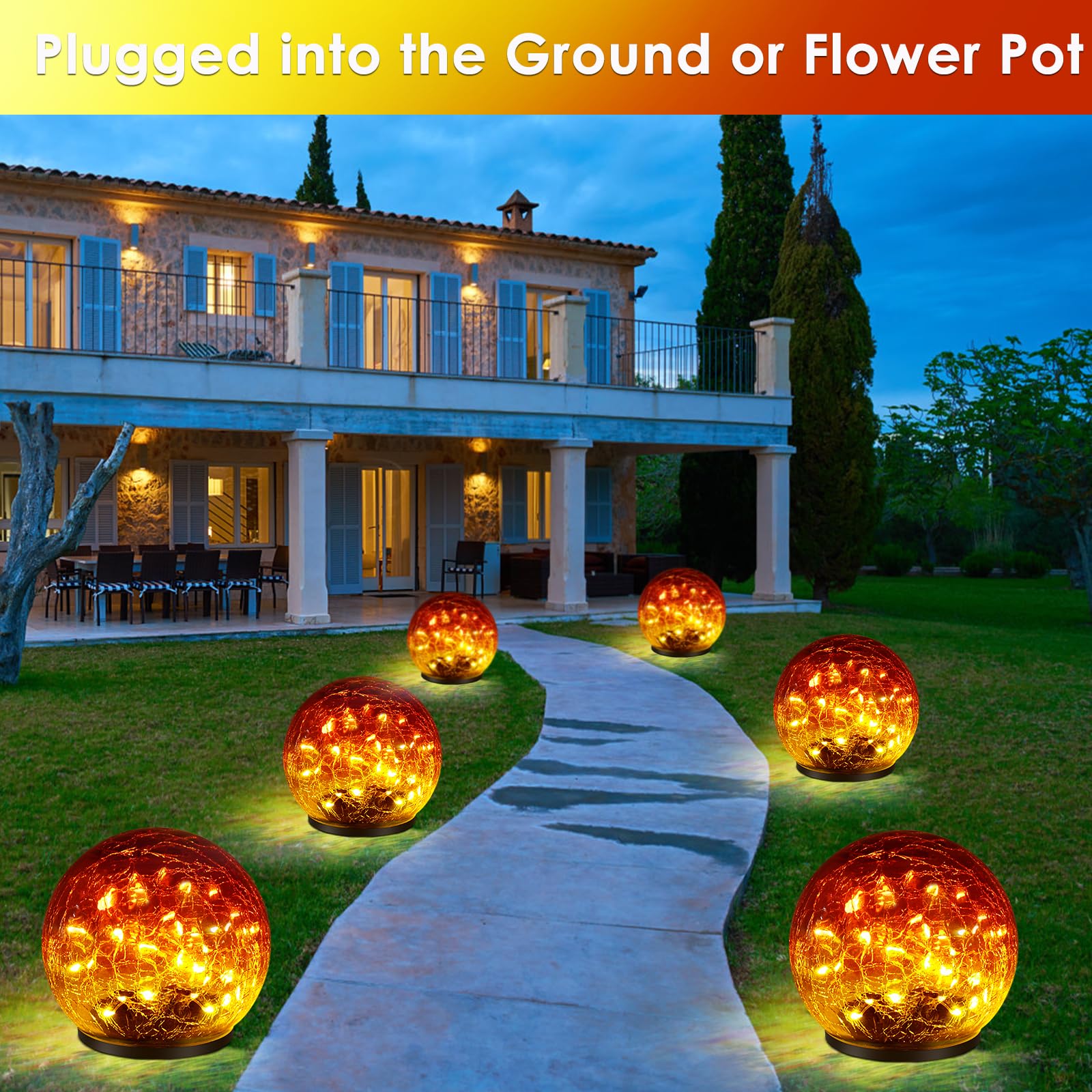 Keevvon 2 Pack Garden Solar Lights Outdoor Decorative, 60 Led Gradient Red Cracked Glass Solar Globe Lights, Upgraded Waterproof Ball Lights For Yard Pathway Patio Christmas Outside Decor, 4.73&quot;