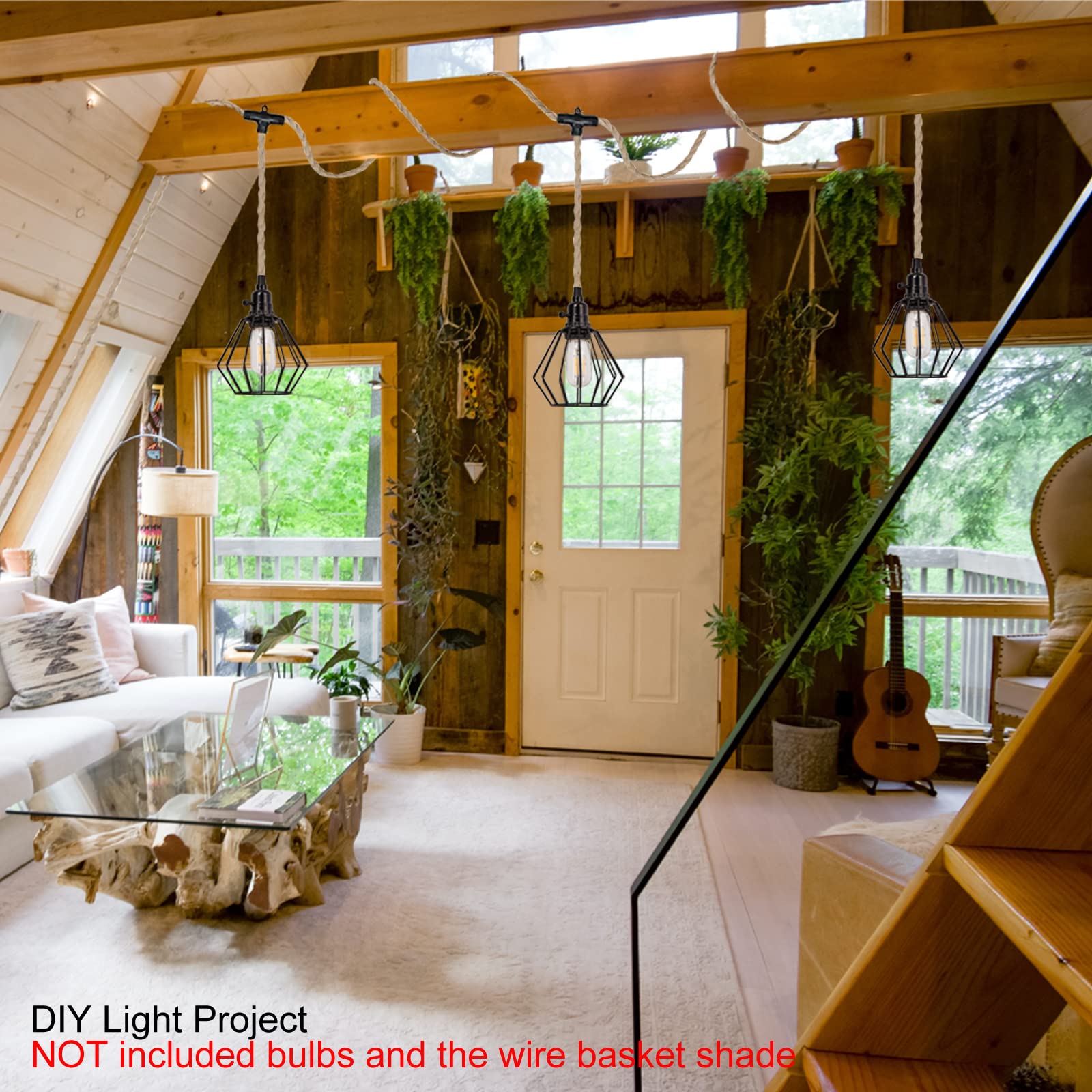 Alaislyc 3-Light Plug-In Pendant Light Kit With 22 Ft Hemp Rope - Farmhouse Hanging Lamp