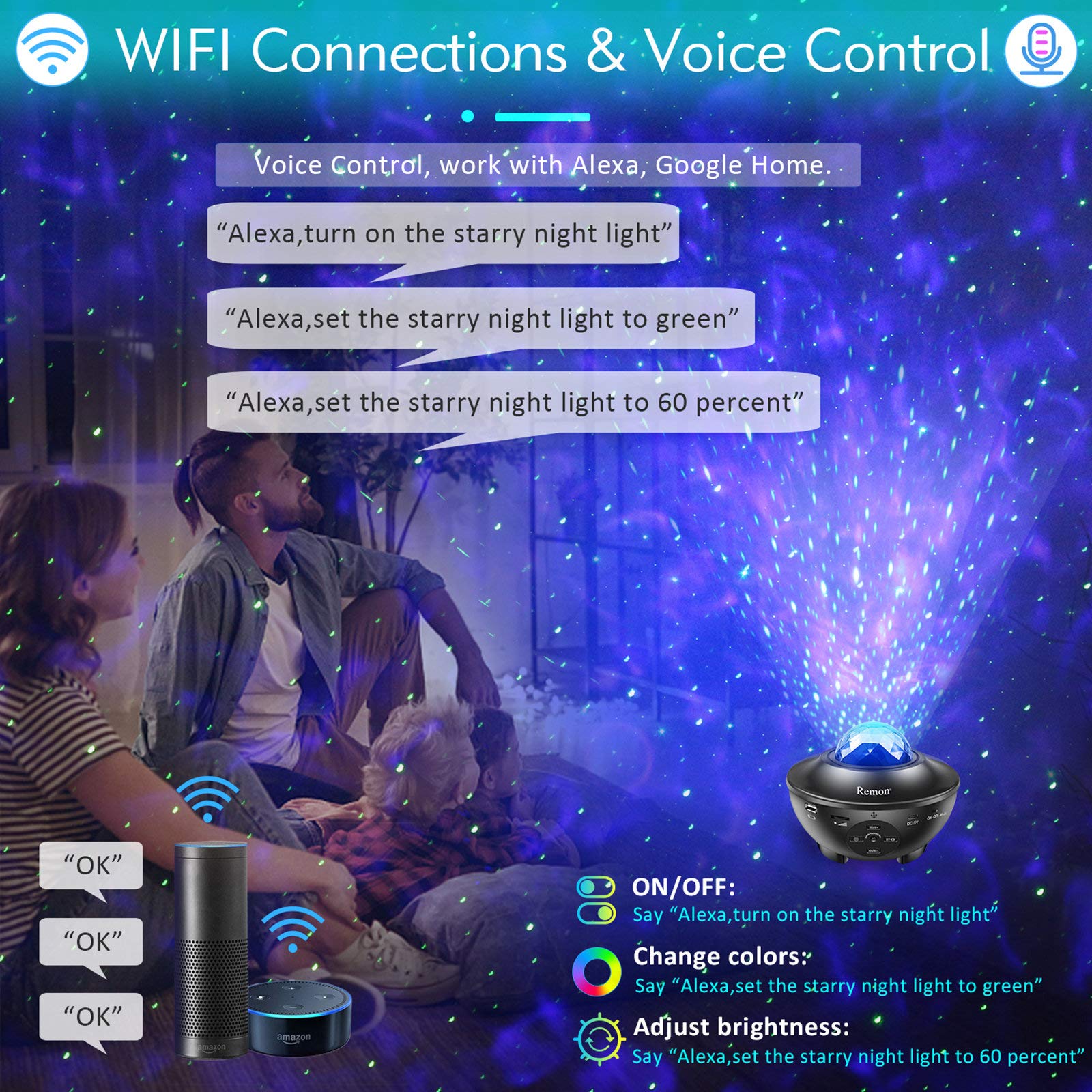 Remon Galaxy Projector Night Light - 10 Colors, Bluetooth Speaker, Alexa/Google Home Compatible, Black, Model BL-XK01