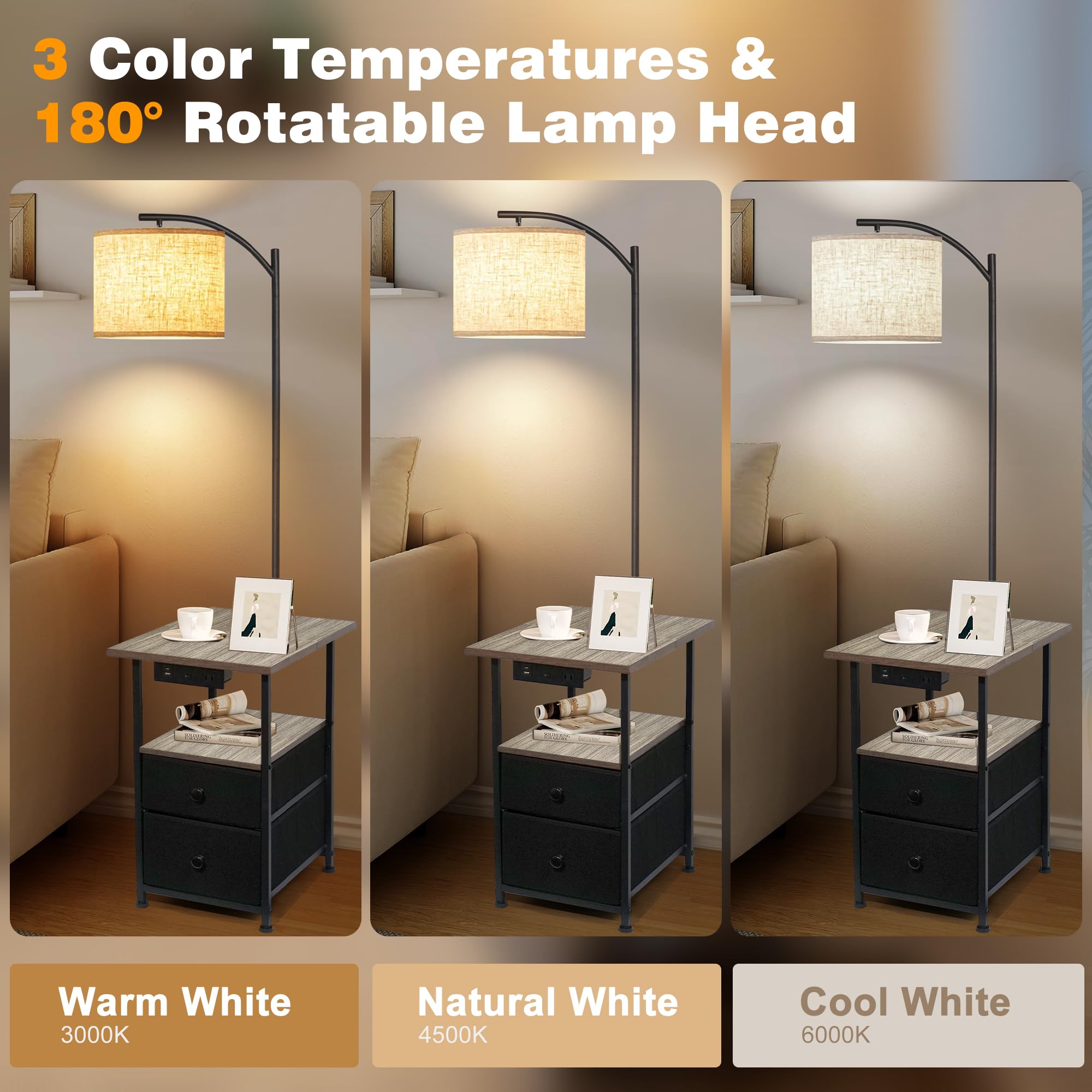 PESRAE Floor Lamp with Table, USB & AC Ports, 3 Color Temperatures, Vintage Grey, Model PFL-009A