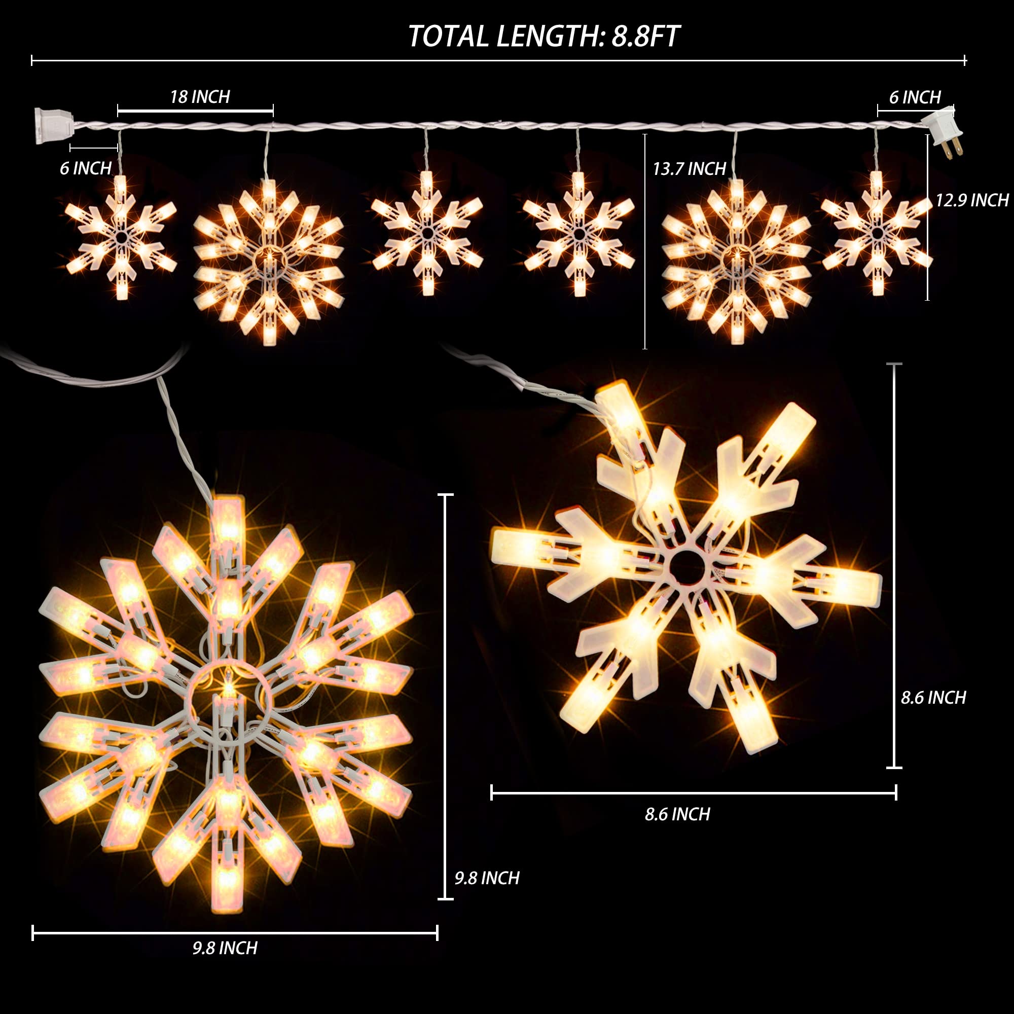 Dazzle Bright Christmas Snowflake Lights, 100 Count, 8.5FT Connectable, Waterproof, Warm White, Model HB-300COI