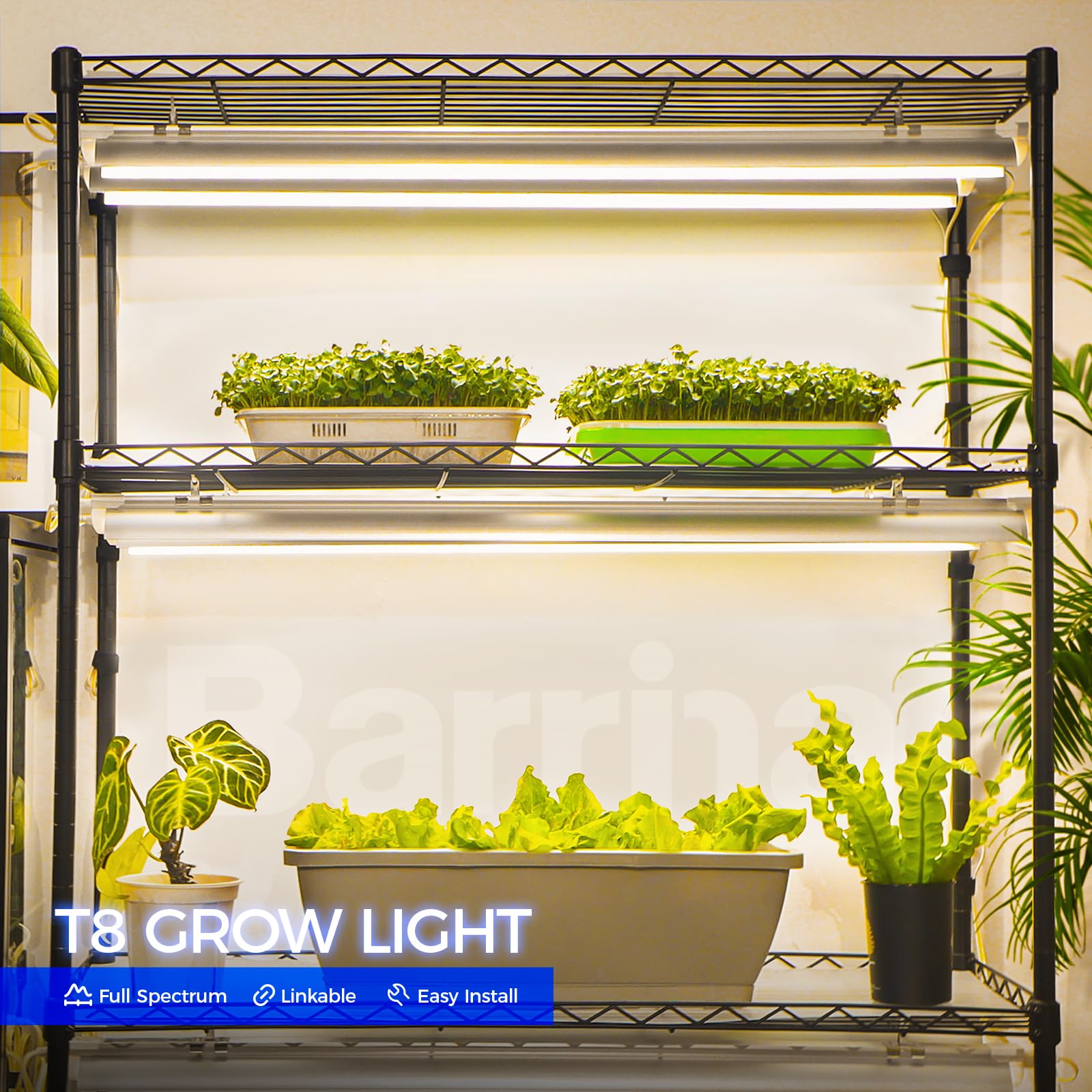 Barrina Grow Lights T8 LED Plant Light Fixture, 3FT, 180W, Linkable, Yellow, 6-Pack, Model QI30, Aluminum