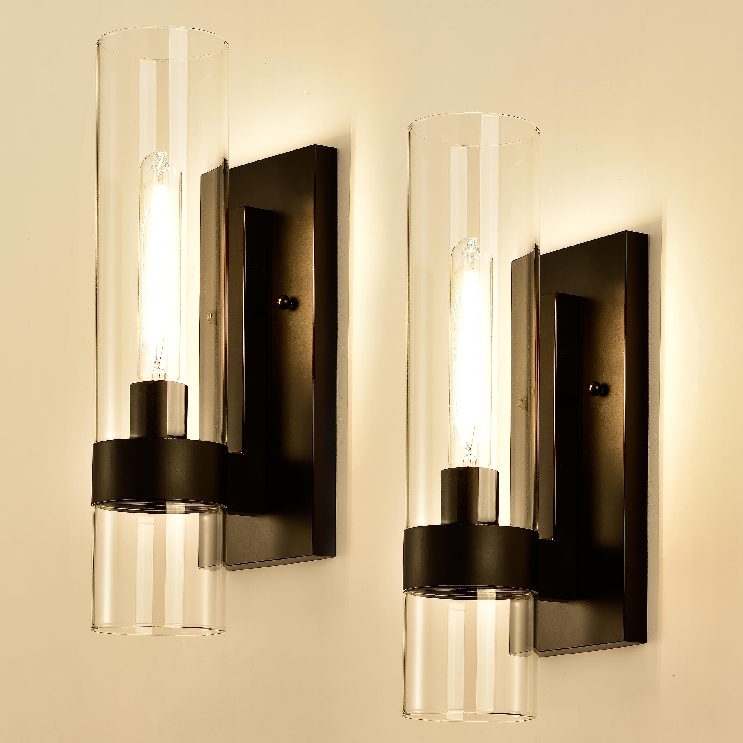 Hyperion House Indoor Wall Sconces Set Of Two, Modern Black Bathroom Sconces Wall Decor With Cylinder Glass, Wall Lamps For Bedr