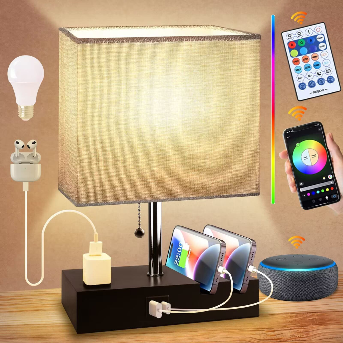 YIEELOG Smart RGB Dimmable Table Lamp Work with Alexa&APP&Remote Control, Bedside Desk Lamp with Charging Ports&Outlet&Phone Sta