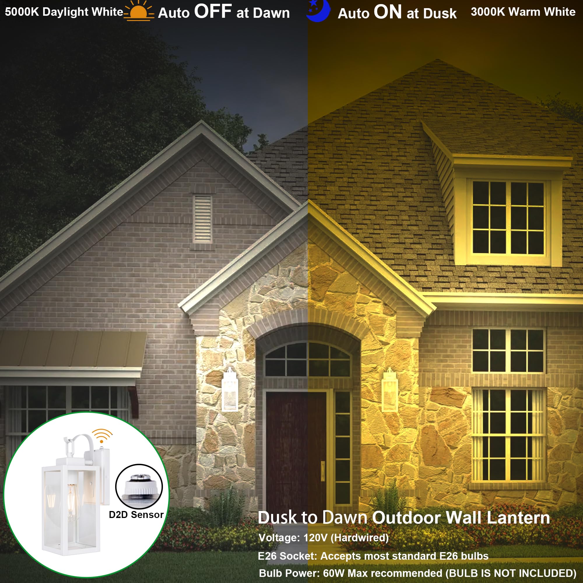Gruenlich Dusk to Dawn Outdoor Wall Lantern, LED Sconce, Metal Housing, White Finish, E26 Base, Model GR-WL004D2D-WT
