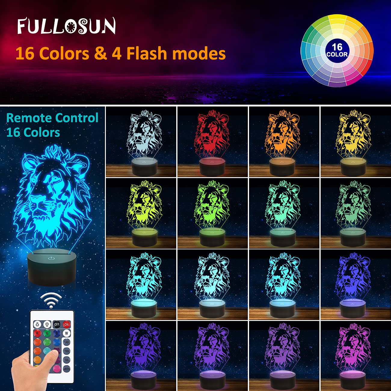 FULLOSUN 3D Lion Night Light Lamp with Remote, 16 Color Changing, Acrylic Bedside Decor for Kids, Model FS-AMZ-JULY