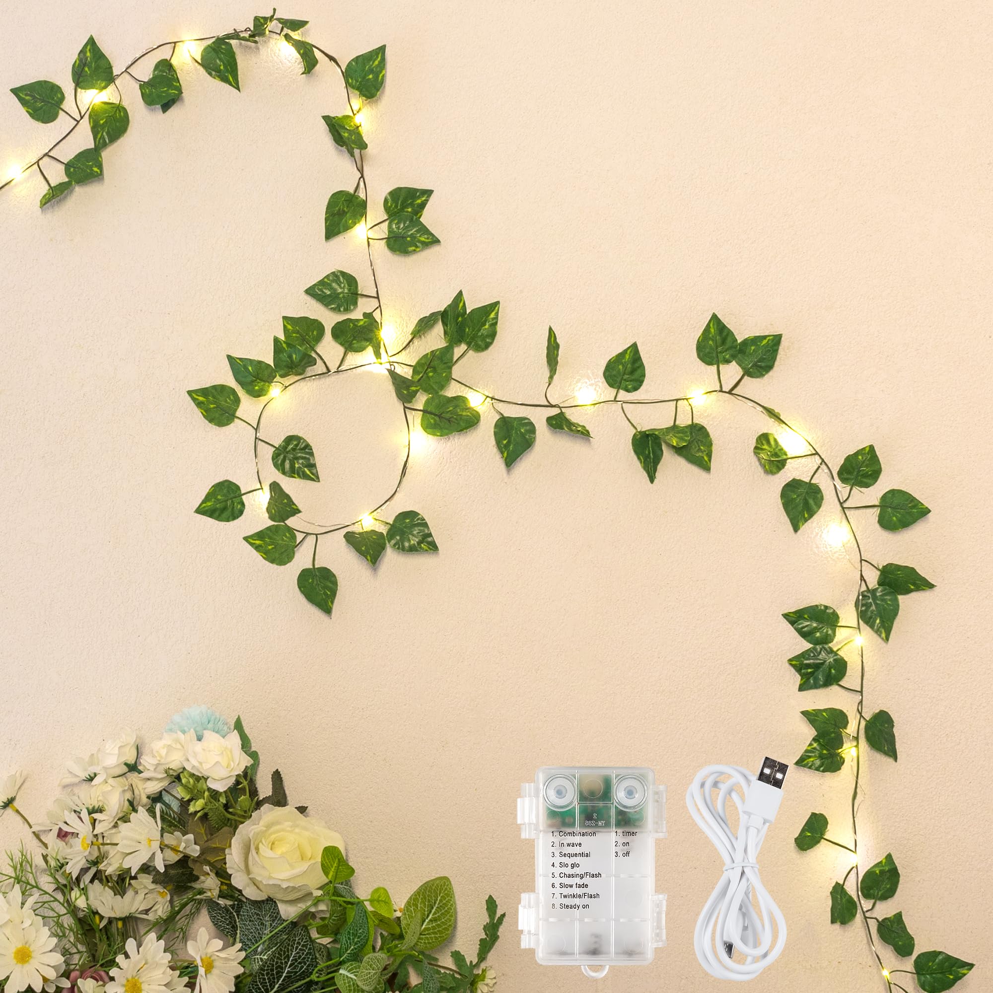 YOUNGAR Pothos Vines with Fairy Lights Leaf String Warm White Lights Battery/USB Operated 23FT 73LED Compatible for Bedroom Wall Room Wedding Birthday Garden Party Wall Room Decor