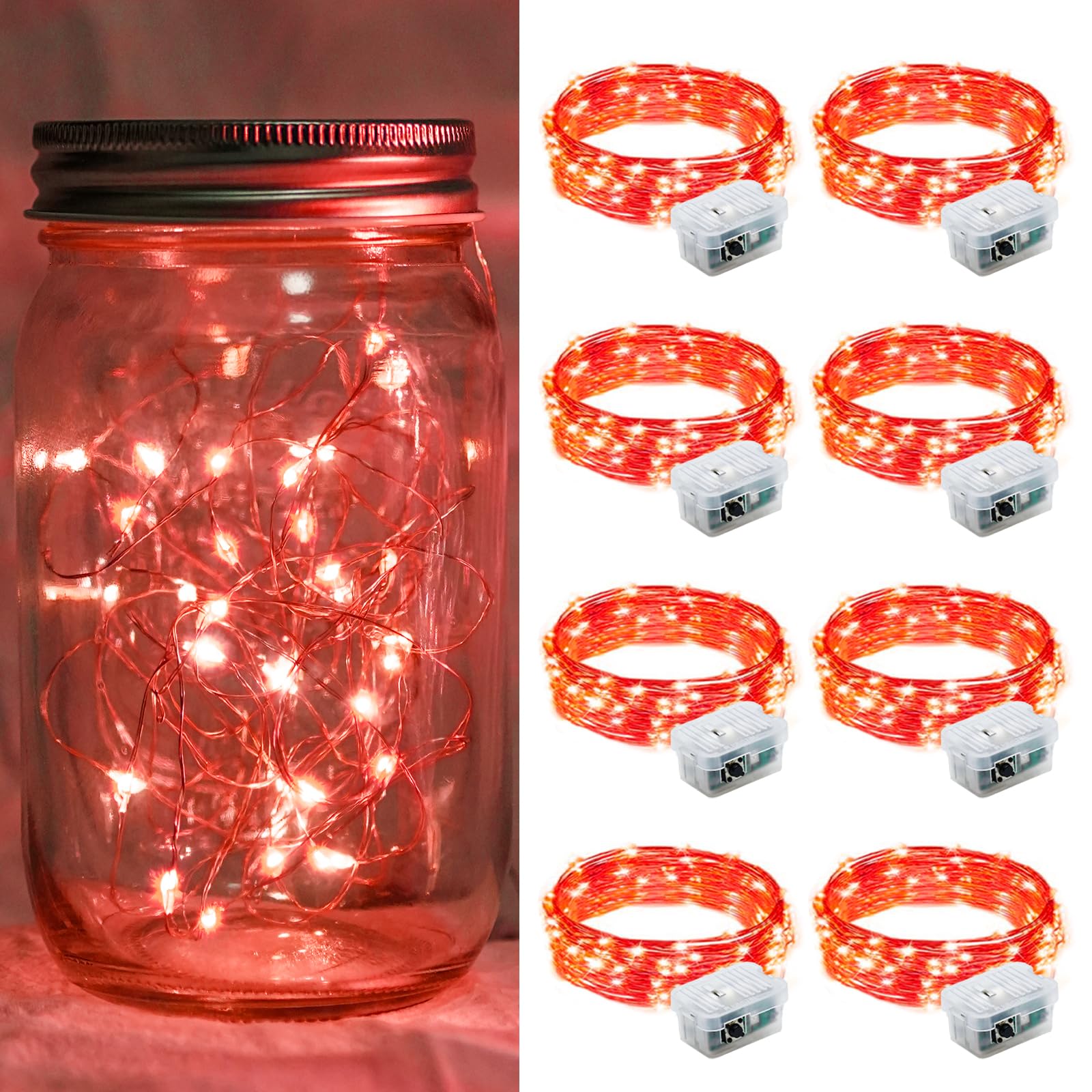 chzk 8 Pack Red Fairy Lights 20 LED Twinkle String Lights Battery Operated Waterproof 7Ft A01-Mini