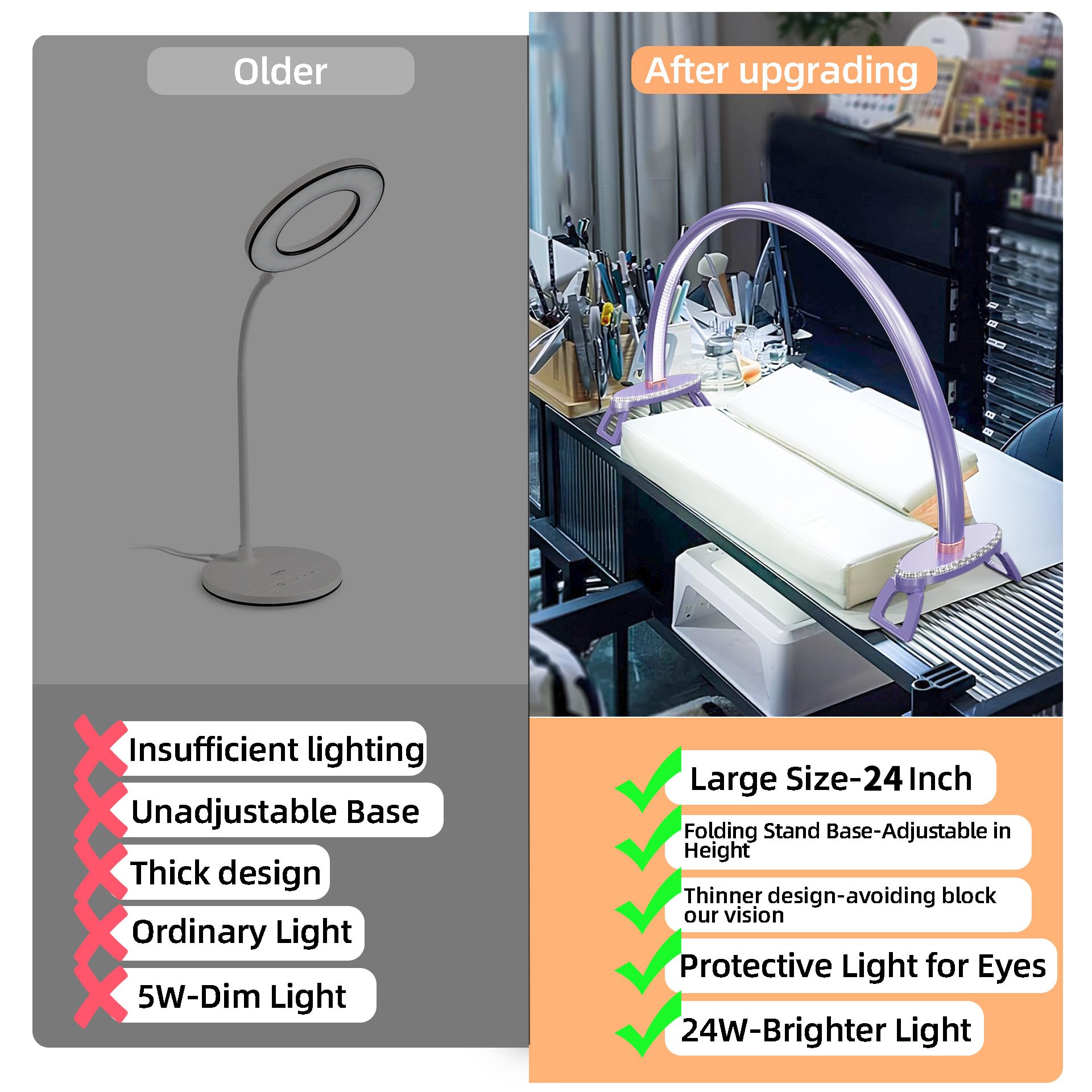 Large Half Moon Light For Nail Desk, Stepless Dimmable Lamp For Nails Table, 3 Color Temperature 24 Inch Purple Led Nail Tech De