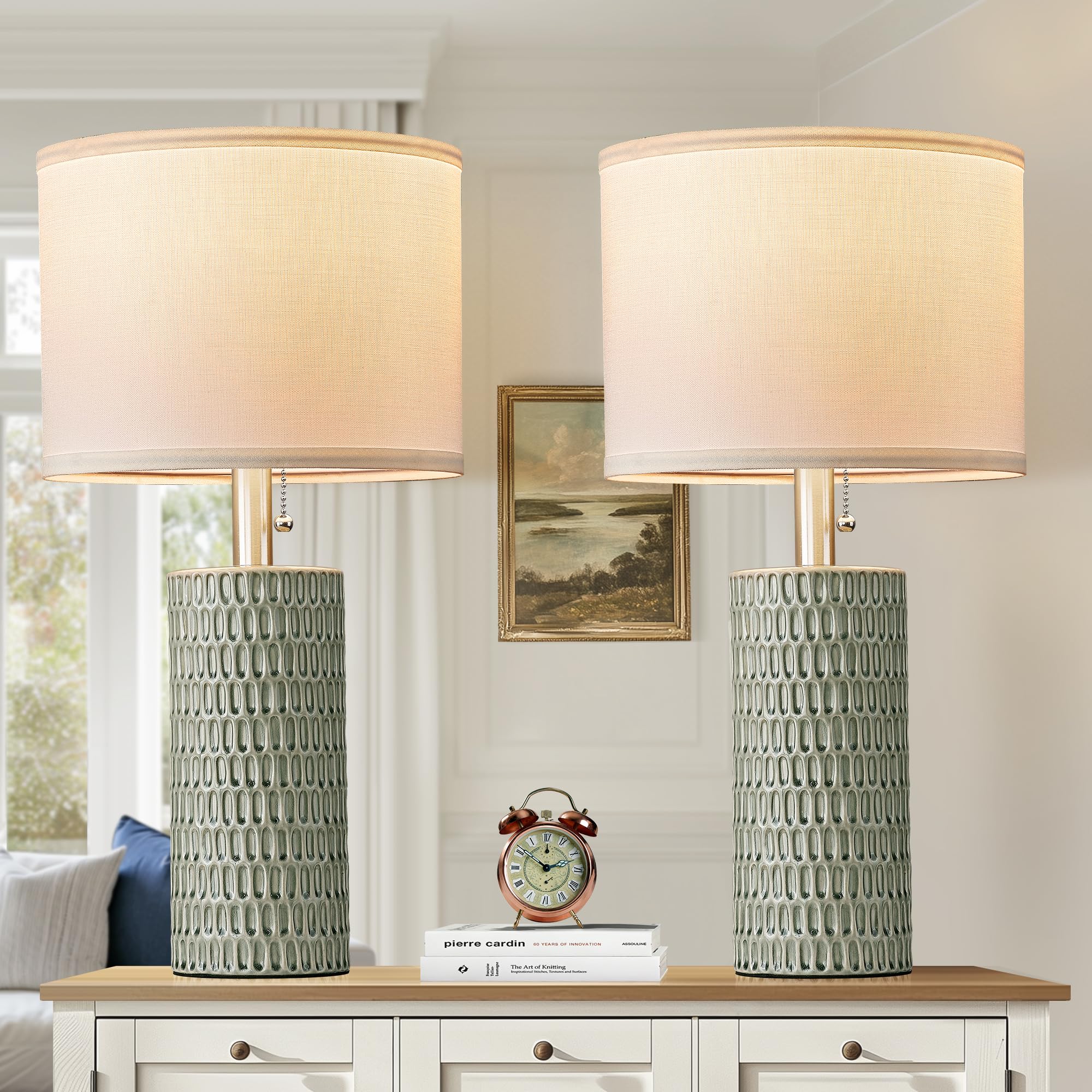 Reaketon Ceramic Table Lamp Set of 2, 20'' Modern Bedside Lamps for Living Room, Bedroom & Home Office - Pull Chain Nightstand L