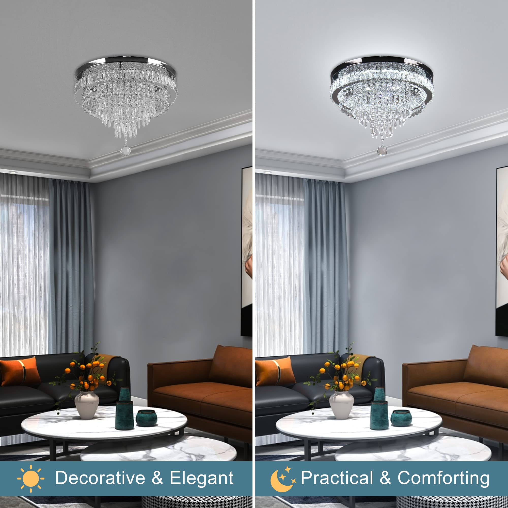 FRIXCHUR Crystal Ceiling Light Fixture LED Chandelier 19.7in Cool White Model MC096