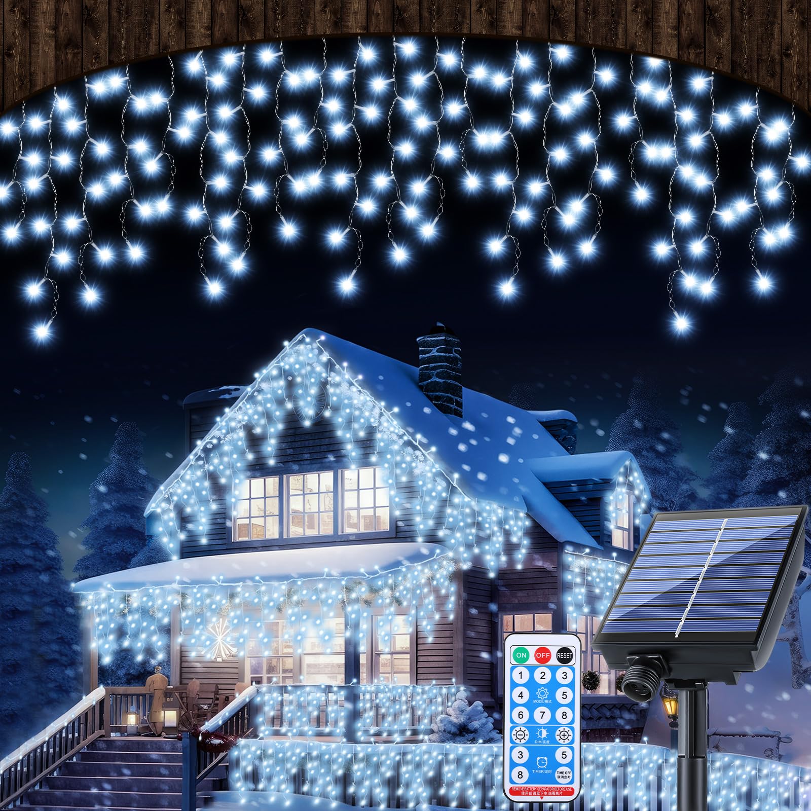 Retisee 65ft Cold White Solar Icicle Christmas Light for Outdoor Decorations 600 LED Waterproof Xmas Curtain String Light Solar 