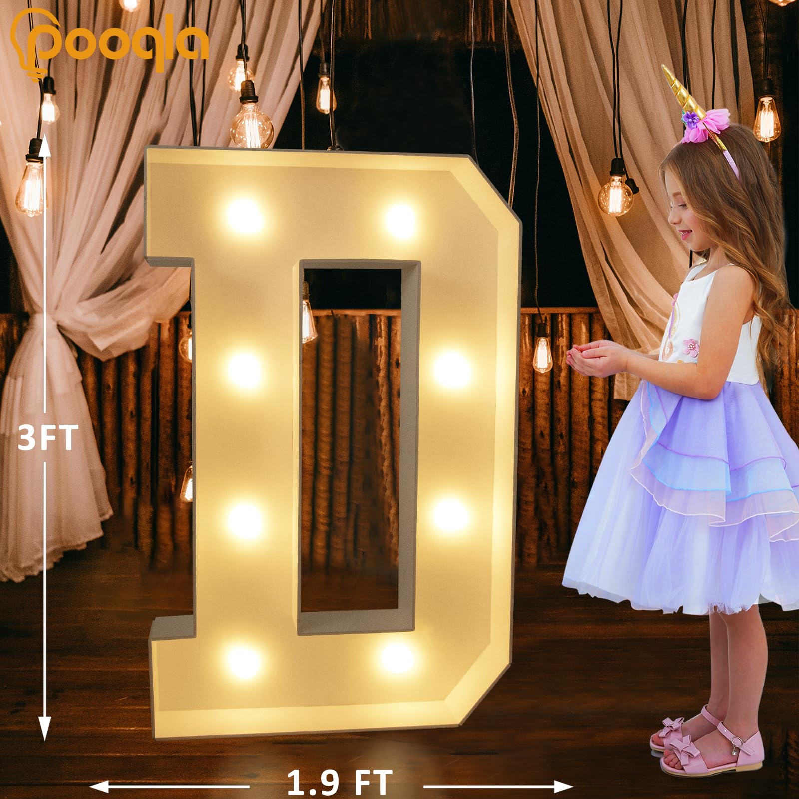Pooqla Marquee Light Up Letter D, 3FT, Cool White & Warm White LED, Giant Sign for Birthday, Anniversary, Wedding Party Decor