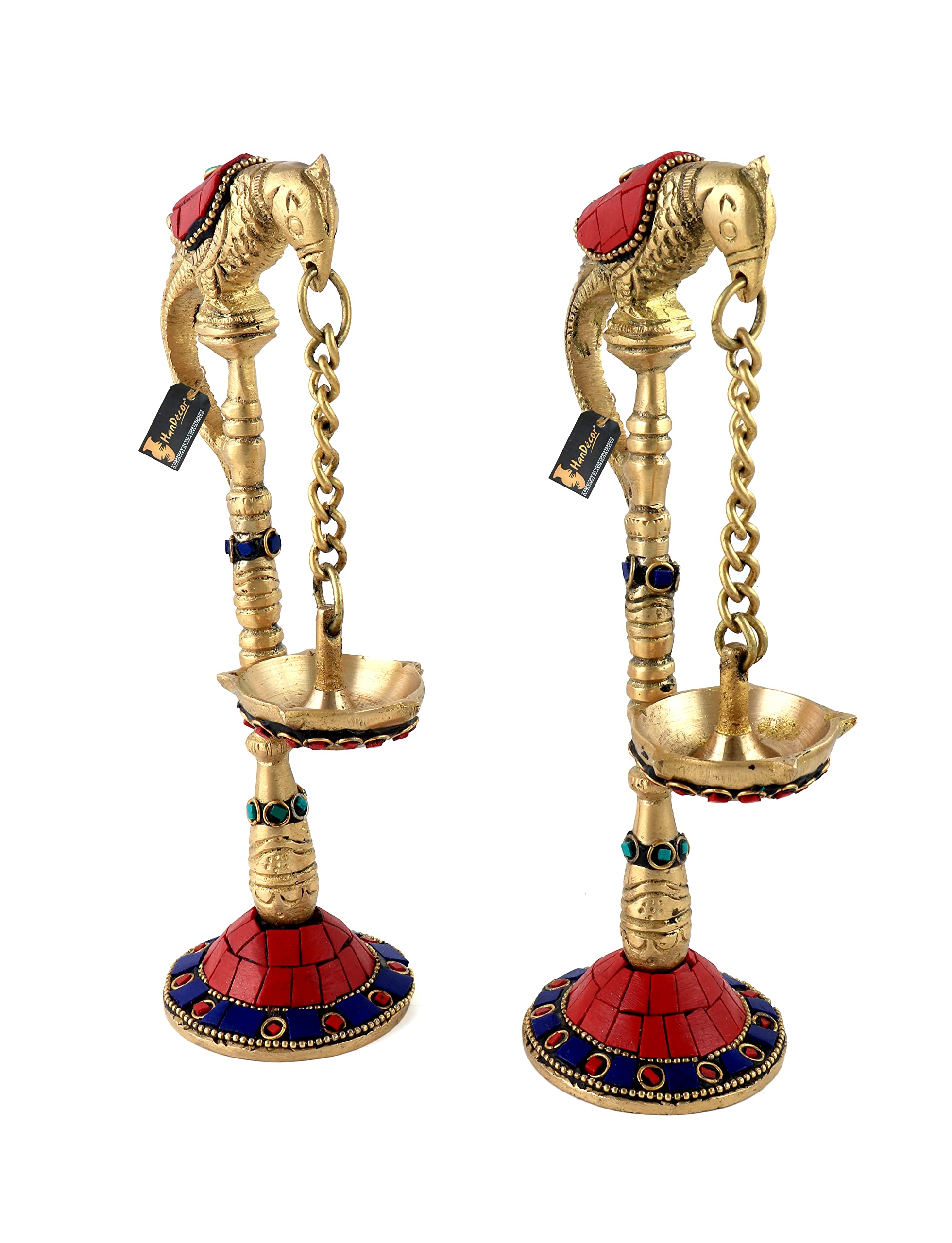 Two Moustaches Gemstone Work Parrot Design 7.5 Inches Brass Hanging Diya Pair, Material - Brass, Standard, Pack of 2