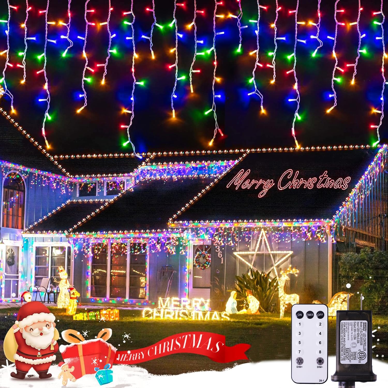 JMEXSUSS 400 LED 38.8Ft Icicle Christmas Lights with Remote, Outdoor Multicolor Icicle String Lights Plug in, 8 Mode Icicle Ligh