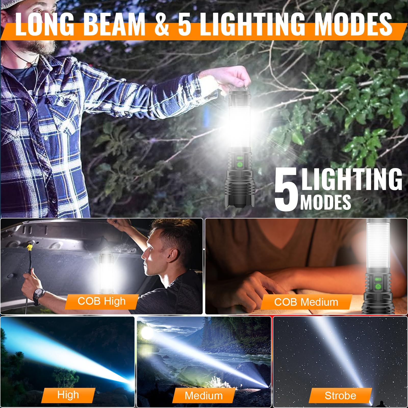 Hoxida Rechargeable LED Flashlight Lantern 2000 Lumens, Waterproof, 5 Modes, Zoomable, Camping Light, 1pcs