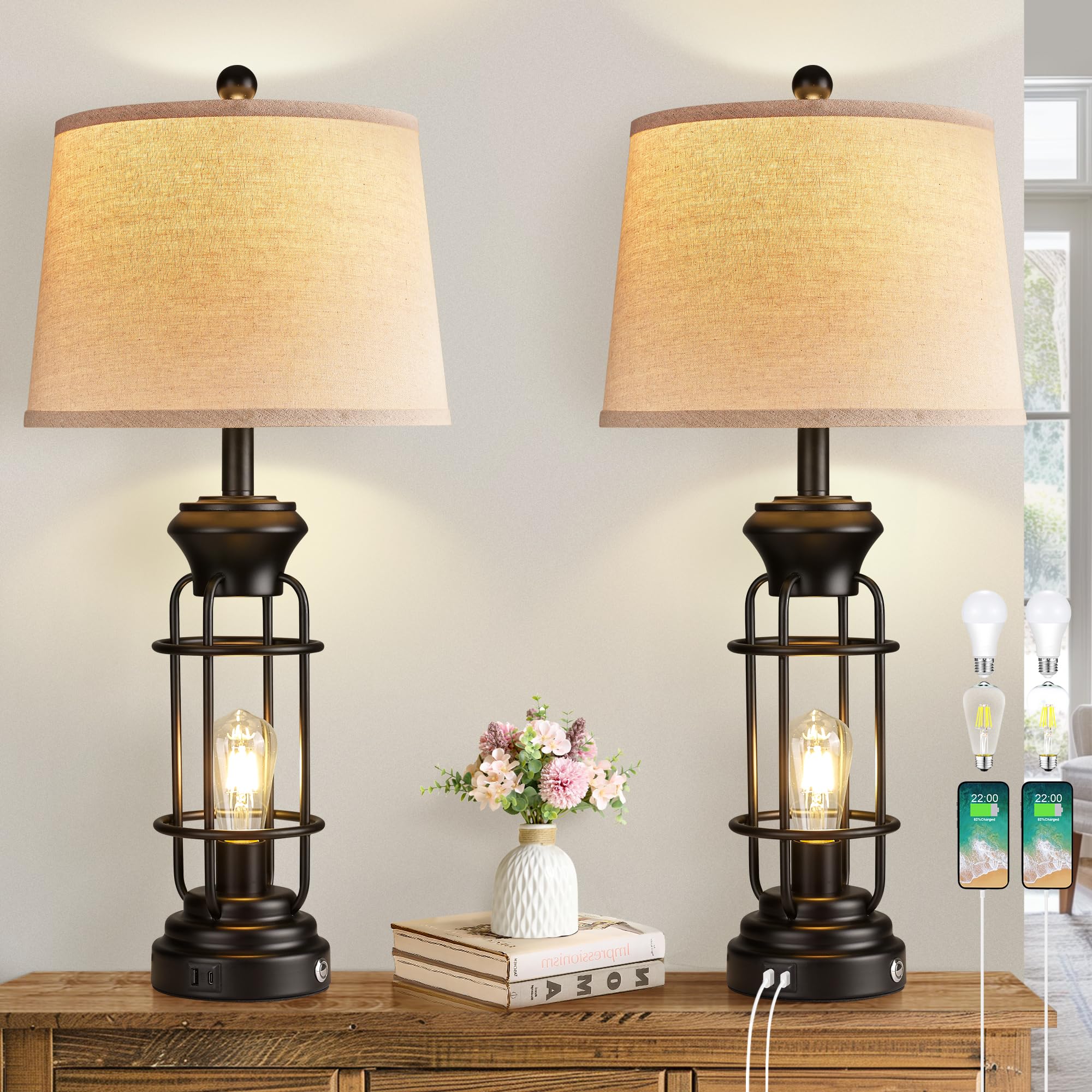 BZZMMB Black Table Lamps Set of 2, 28.5'' Farmhouse Lamps for Living Room with USB C+A Ports, Touch Lamps for Bedroom, LED Bulbs