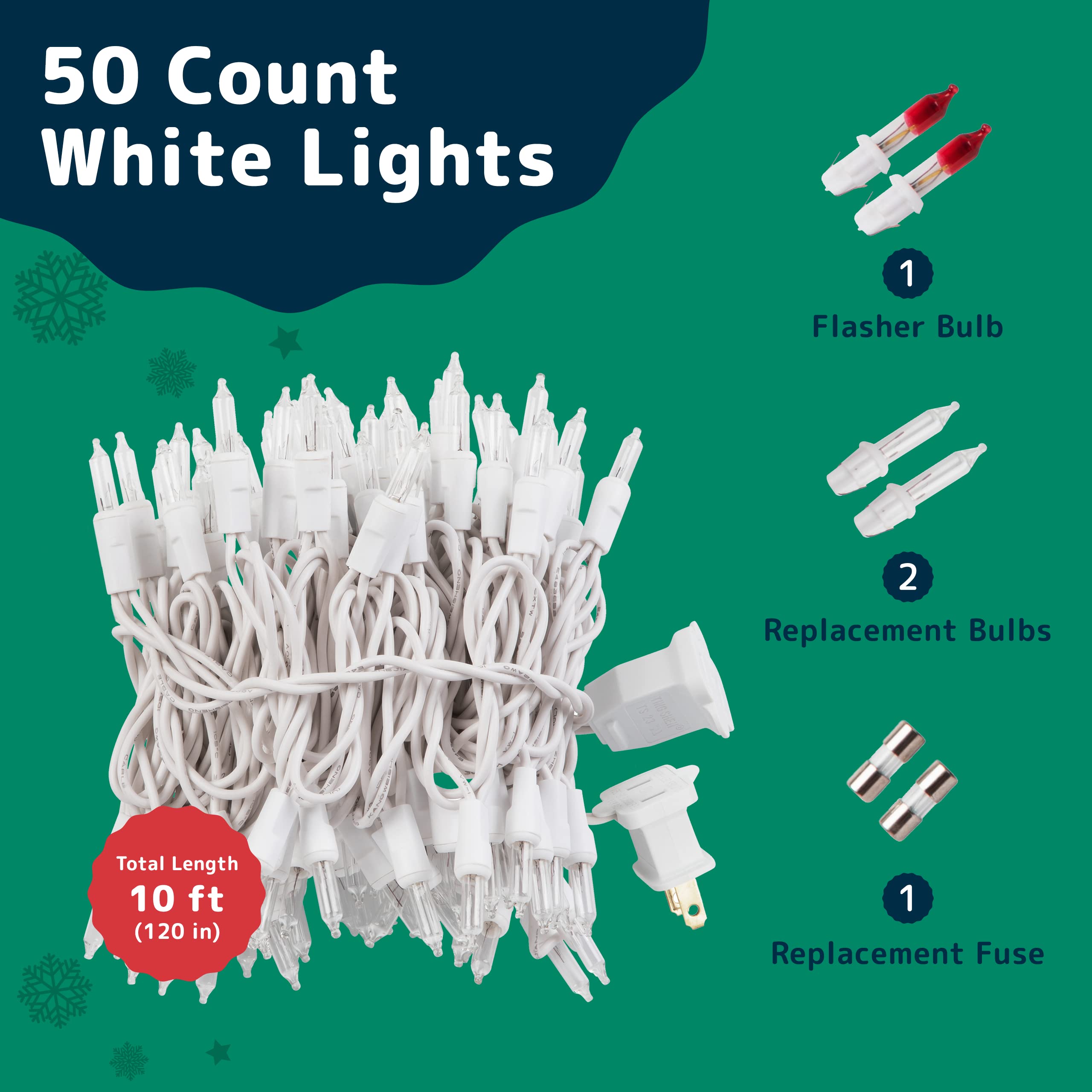 PREXTEX Christmas Lights - 10ft, 50 Clear Warm White Twinkle Lights, Indoor/Outdoor String Lights with White Wire