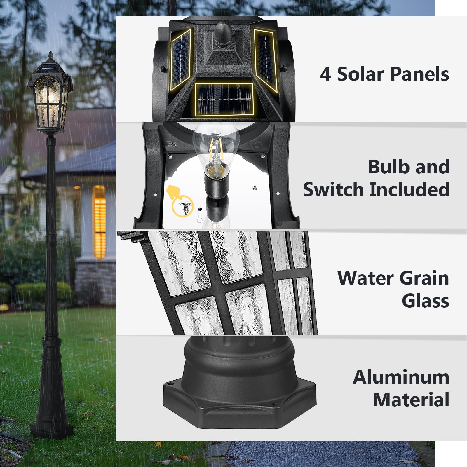 Emliviar Solar Powered Street Light Fixture, 85.4in Waterproof, LED Bulb, Remote Control, Aluminum, Black, Model YXE302MPL-SL BK