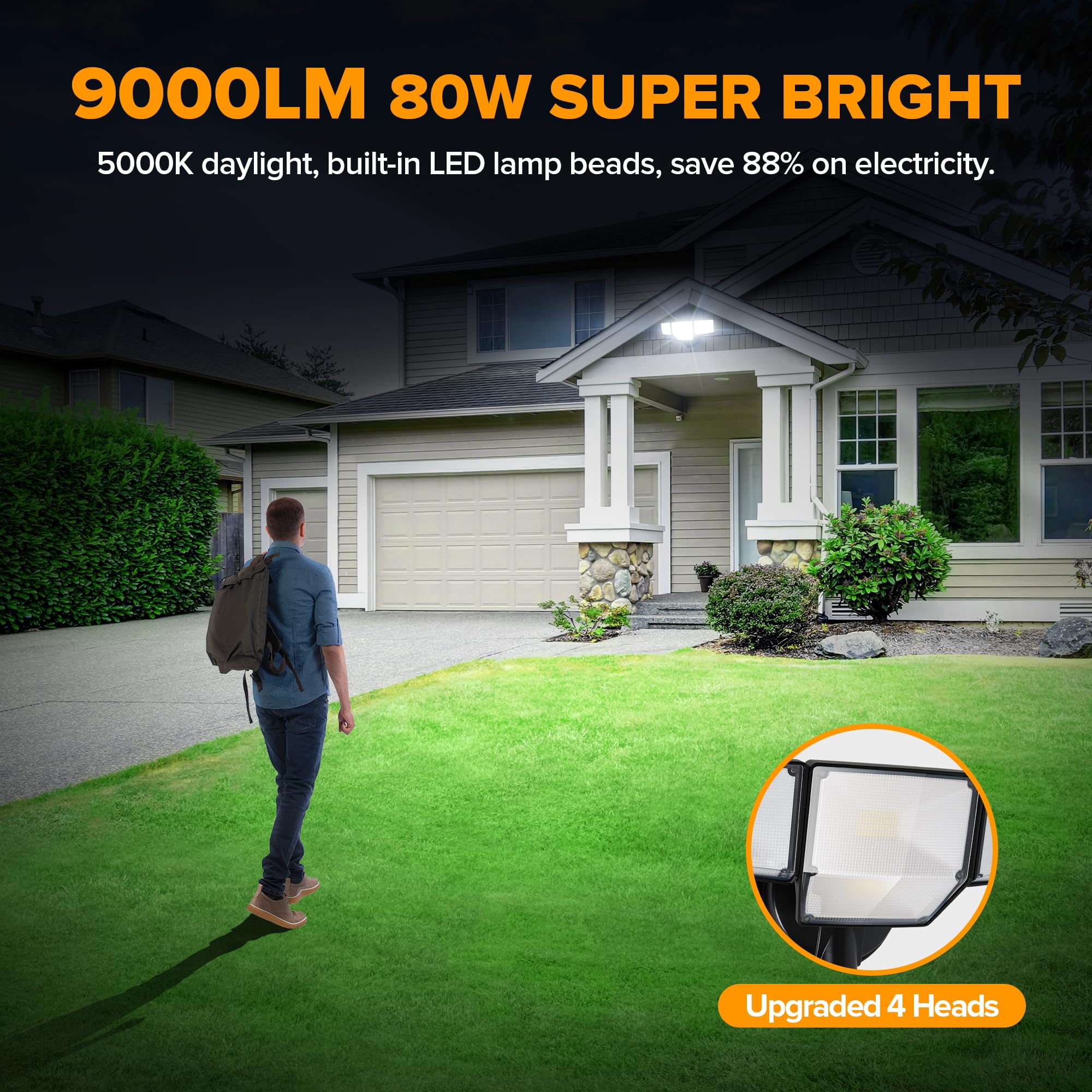 LUTEC 80W Dusk to Dawn LED Flood Light, 9000LM, IP65 Waterproof, 5000K, Black, Model 7632815012