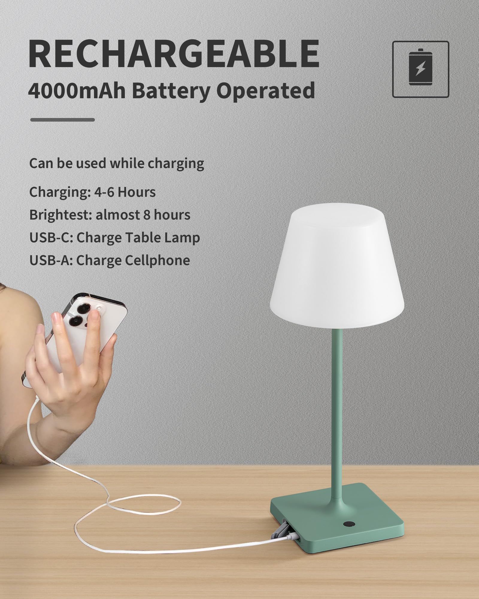 Newsee 14.5'' Small Cordless Touch Table Lamp Green, Waterproof Shower Lamp Set Of 2, 4000Mah Rechargeable Battery Powered Dimma