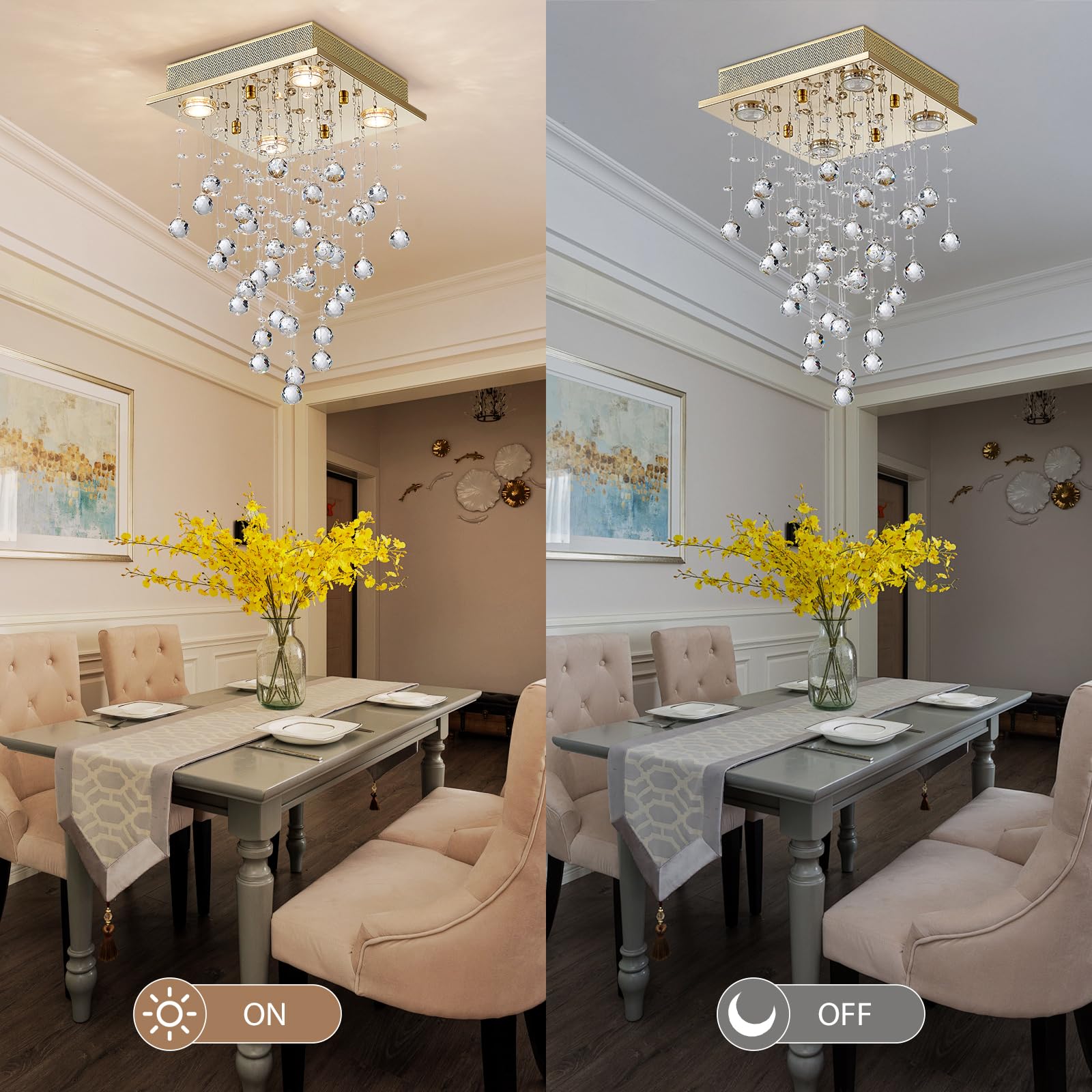 Bestier Gold Crystal Raindrop Chandelier, 12" Wide x 20" High, Metal Flush Mount Light for Dining Room, Bathroom, Bedroom, Model AK-AJ-18178
