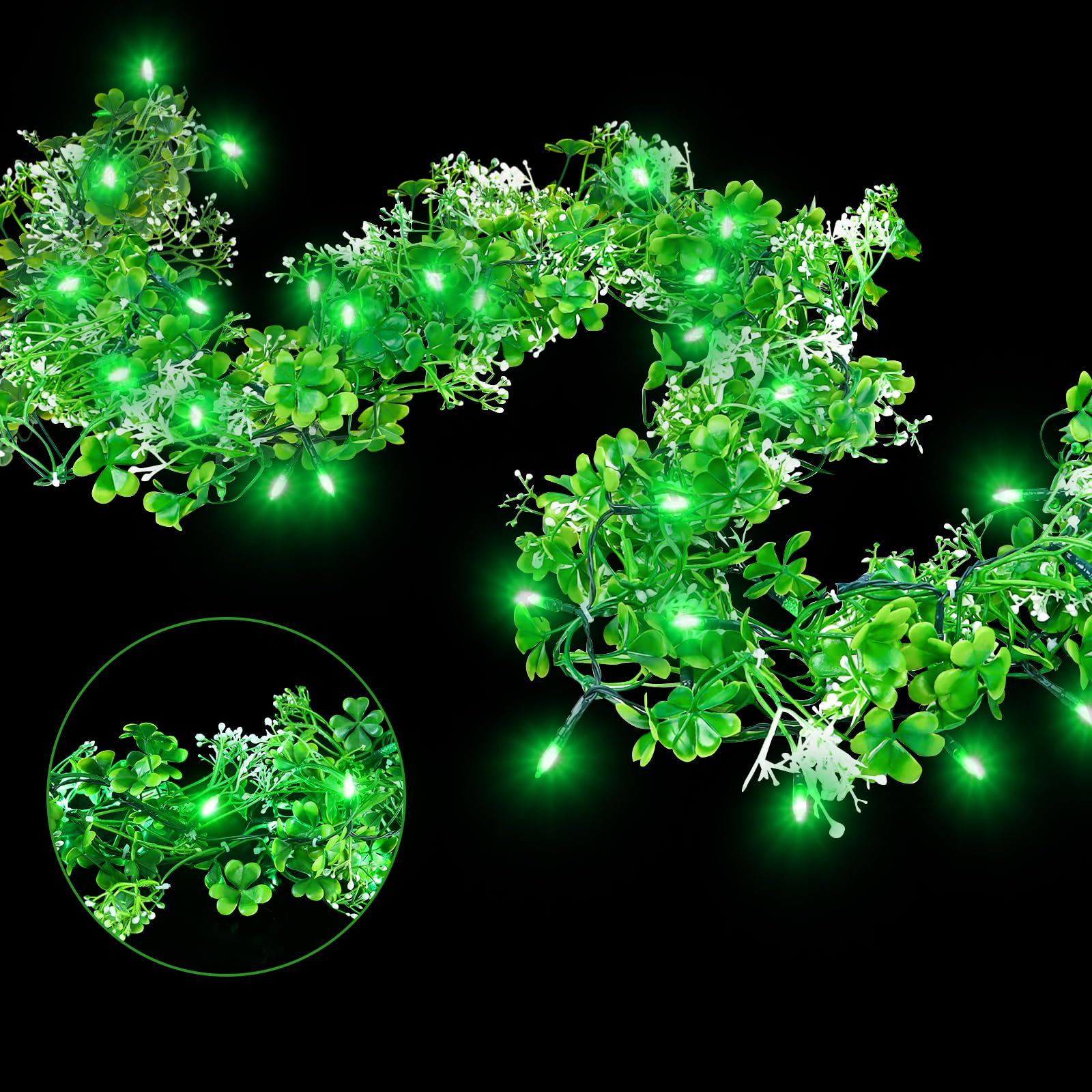 MJZ 9.85 FT St Patricks Day Garland with Green LED Lights  Irish Shamrock Garland Fairy Lights with 8 Modes  St Patricks Day Decorations Garlands for Mantle Porch Door Stairs Table