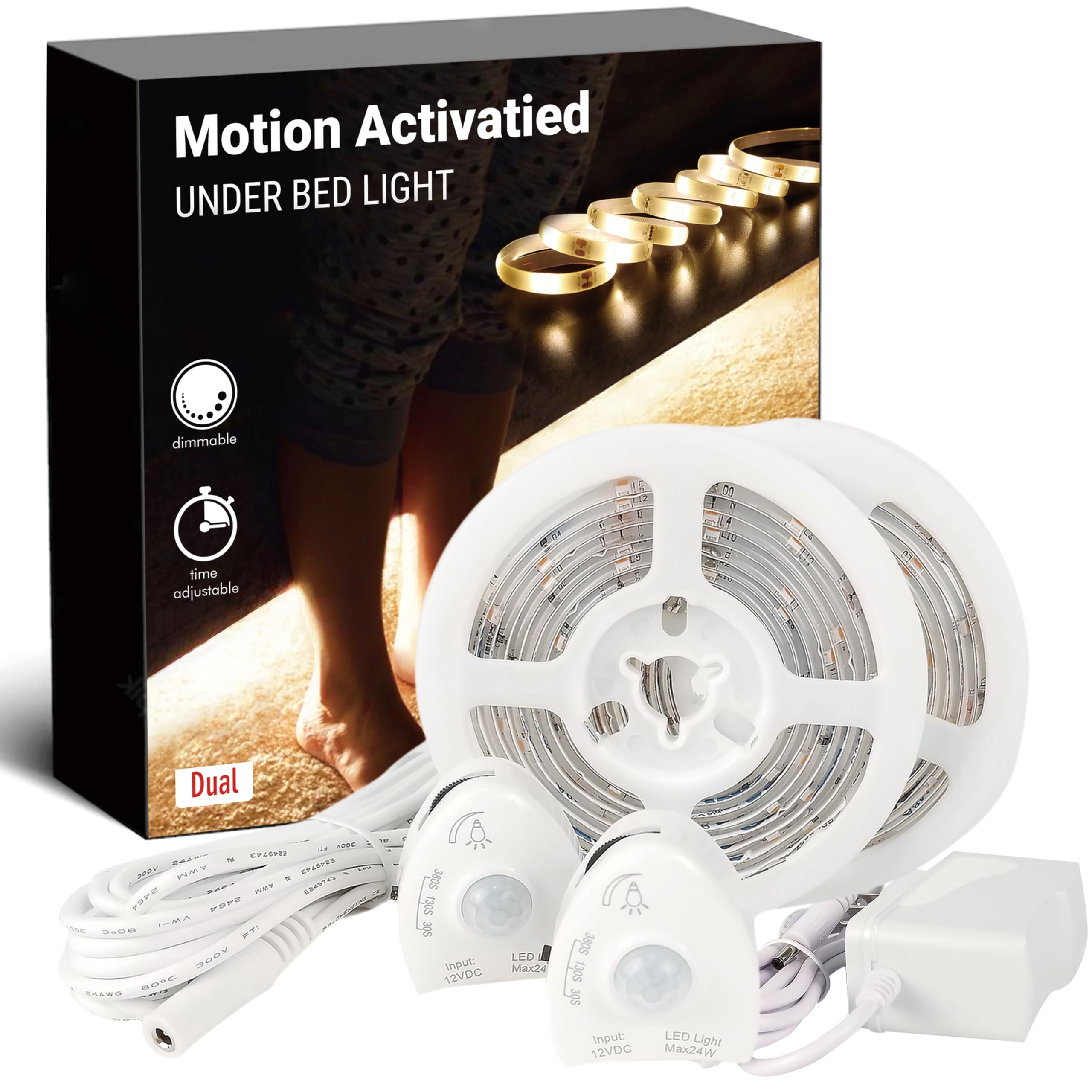 illumiForce Under Bed Lights Motion Sensor Dimmable LED Strip 12V Power Adapter Dual Kit 5FT x 2 Warm White iFSTP-A05-D