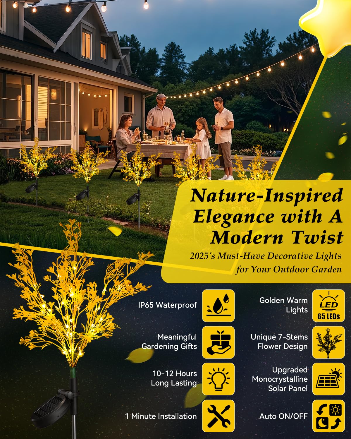 Neporal Solar Flowers Lights, 6PK, Waterproof 7-Stems, Golden Plastic, Outdoor Garden Decor