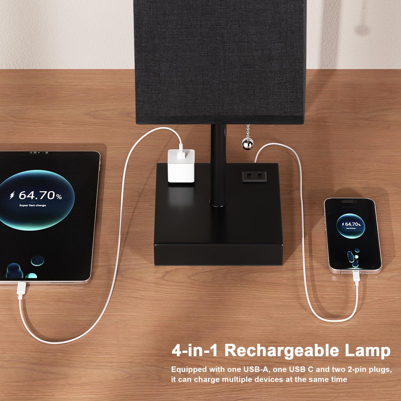 Plus Black Bedside Table Lamps Set Of 2 - Bedroom Lamps With 3 Colors (3000K/5000K/4000K), Square Nightstand Lamp With Usb C + A