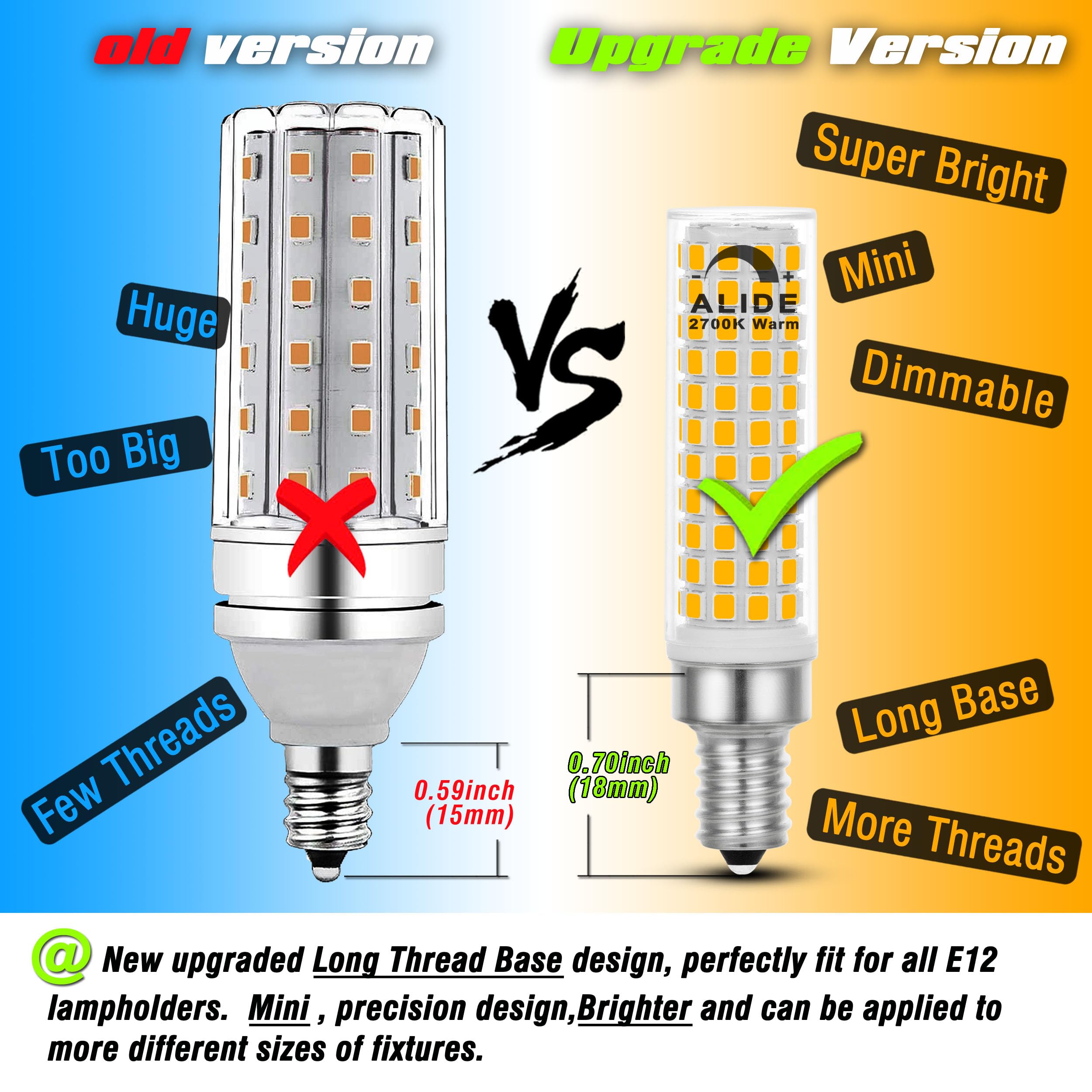 Alide Dimmable E12 100 Watt Equivalent Led Candelabra Bulbs C7,2700K Warm White,1000Lm T6 E12 10W Led Ceil Fan Light Bulbs For C