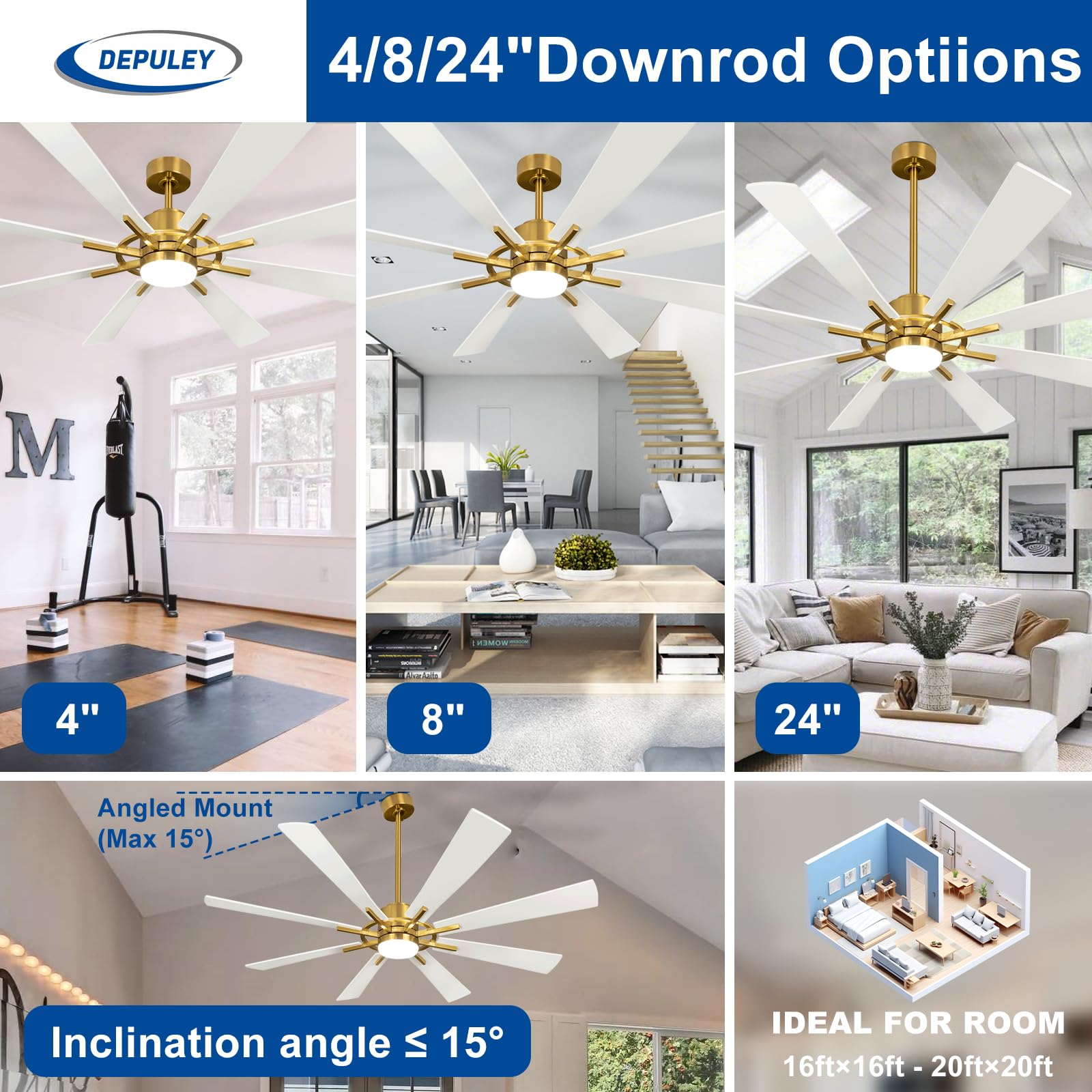 Depuley 72-Inch Ceiling Fan with Light, White and Gold, 8 cutting edges, DC Motor, Remote Control, Model WS-FPZ182-18C-WG-AP