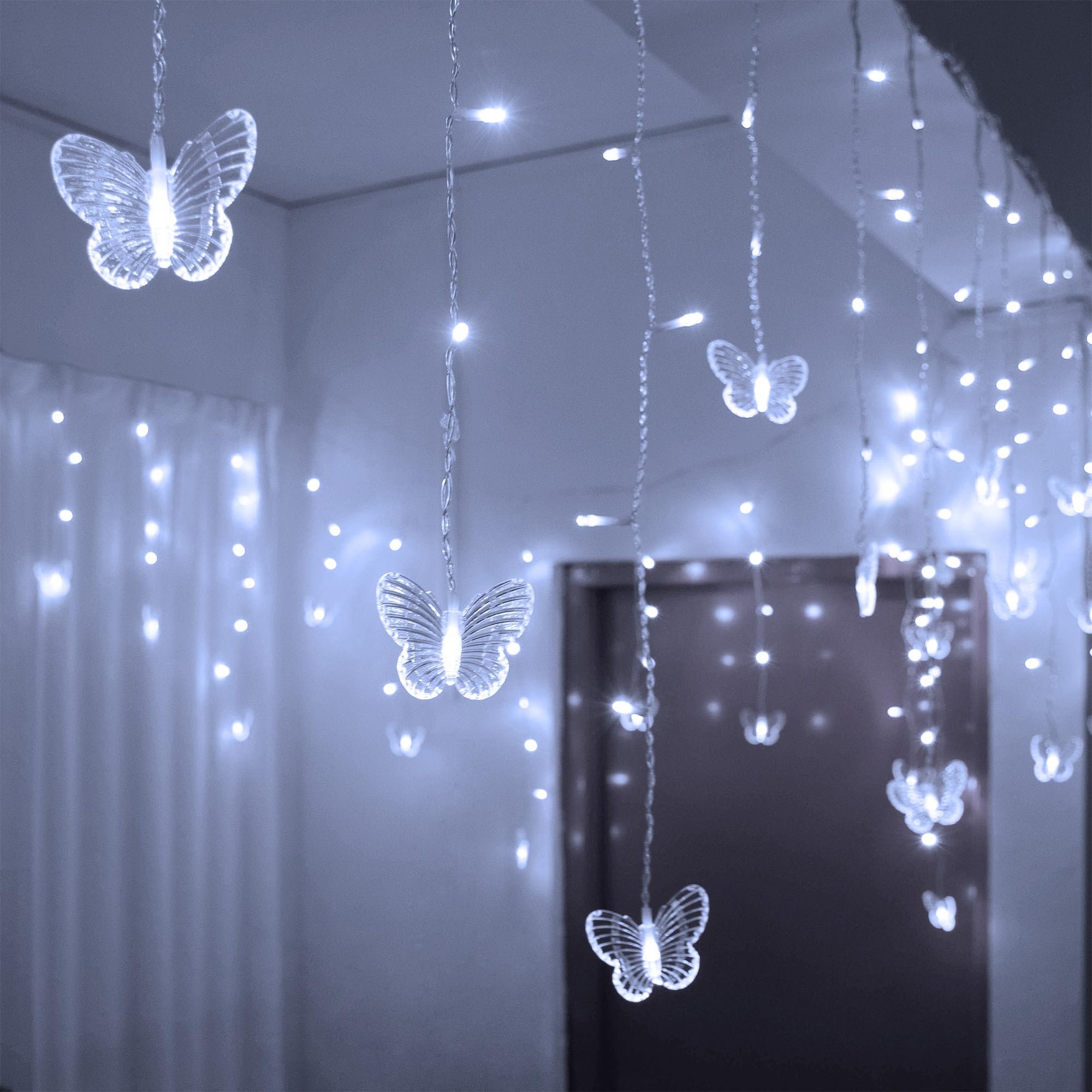 Yolight Butterfly Curtain Lights 13Ft 96 Led Twinkle Fairy Lights Curtain String Lights With Remote, Butterfly Hanging Decoration For Bedroom Dorm Wall Patio Party Wedding Halloween Christmas (White)