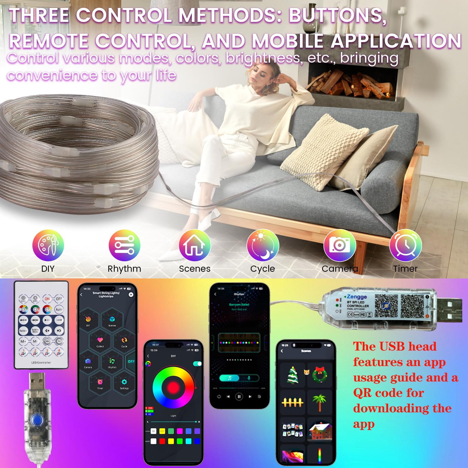 Lotalot Rgb Smart Fairy Lights: 33Ft Color Changing Rope Lights - 66 Led 23 Modes Ip68 Outdoor Waterproof Rope Lights - Rgb Colo