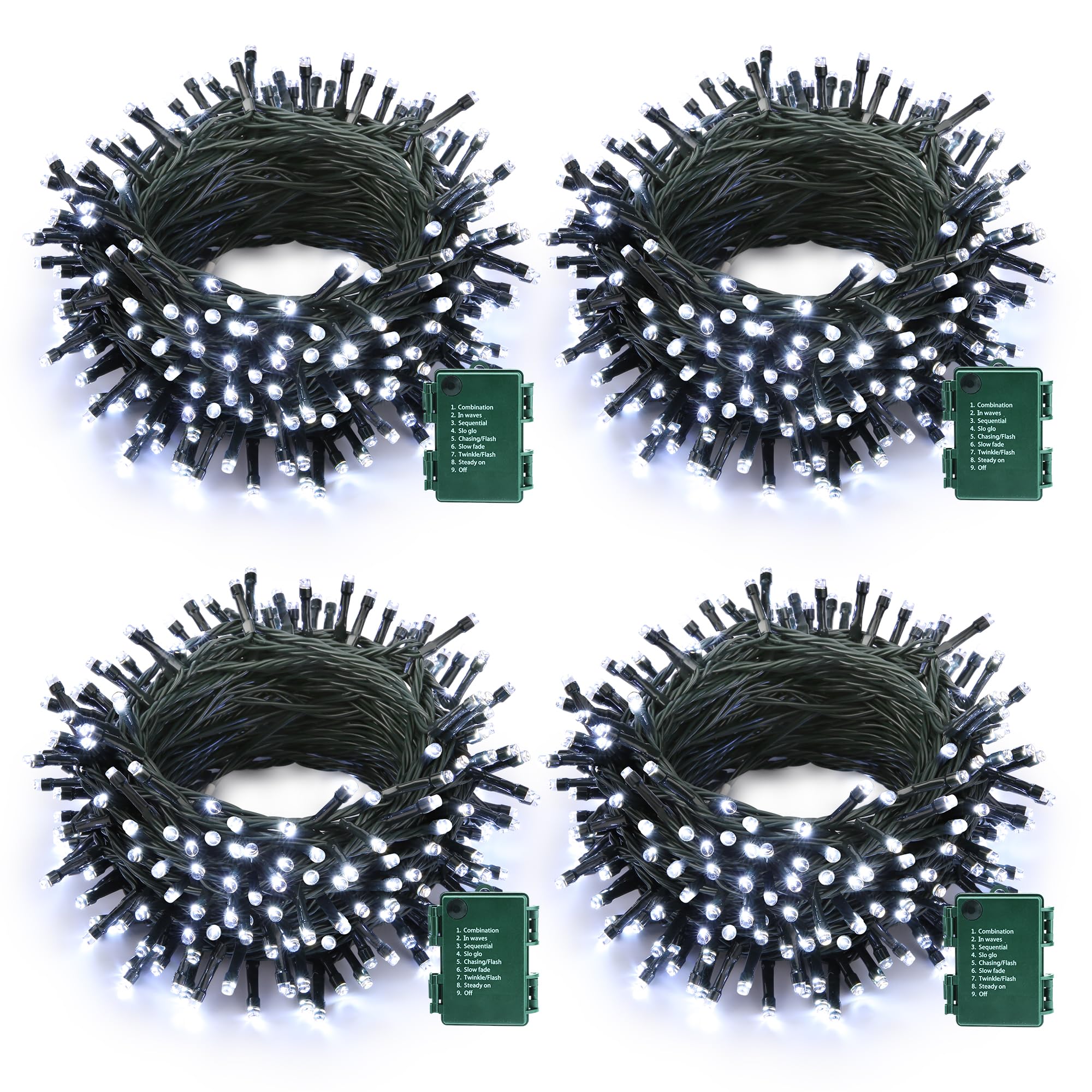 Lomotech Battery Operated Christmas Lights - 200 LED String Lights, 66ft, 8 Modes, Waterproof, White, 4 Pack