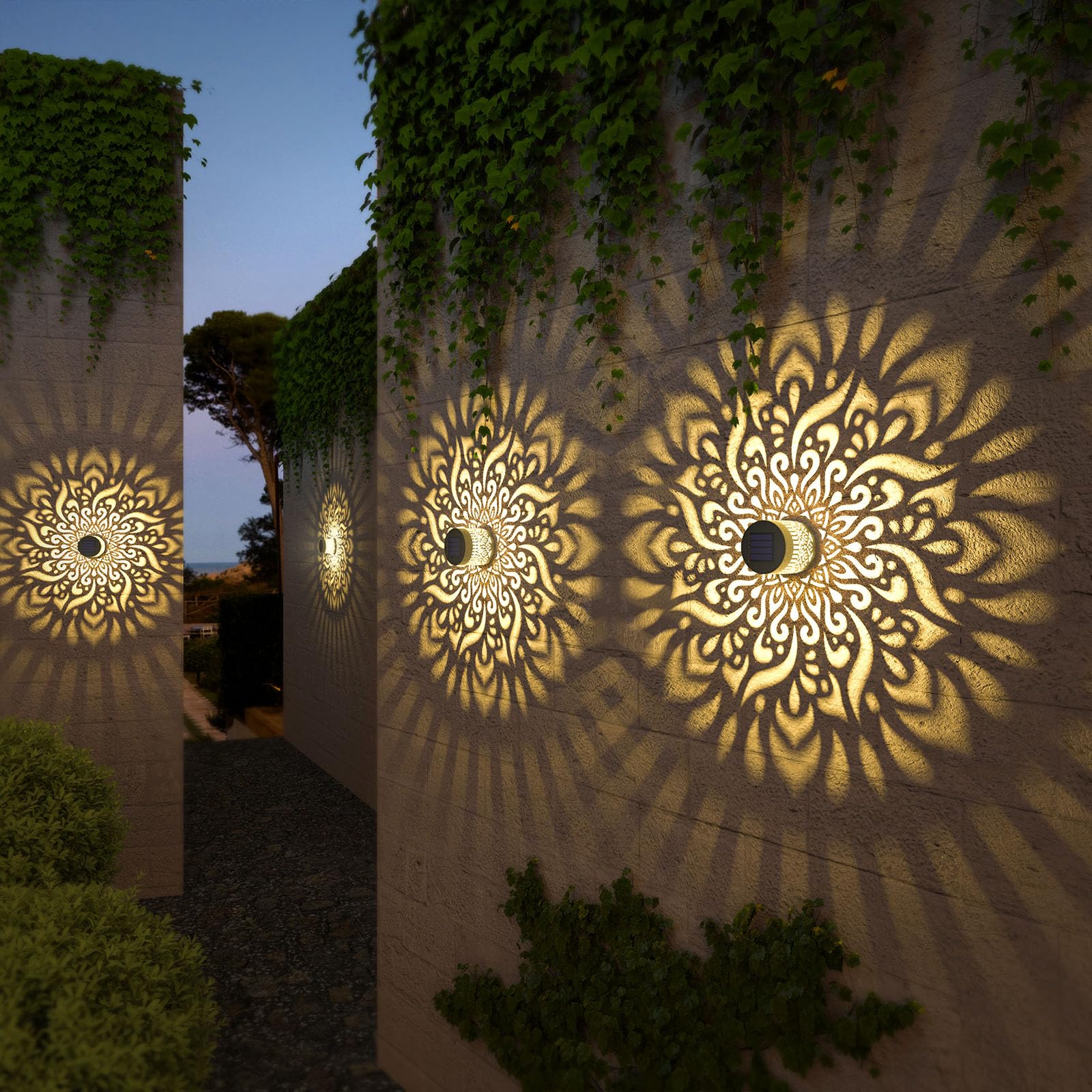 gardencave Solar Fence Lights - 4 Pack Metal Waterproof Outdoor Wall Deck Step Lights - Mandala Theme