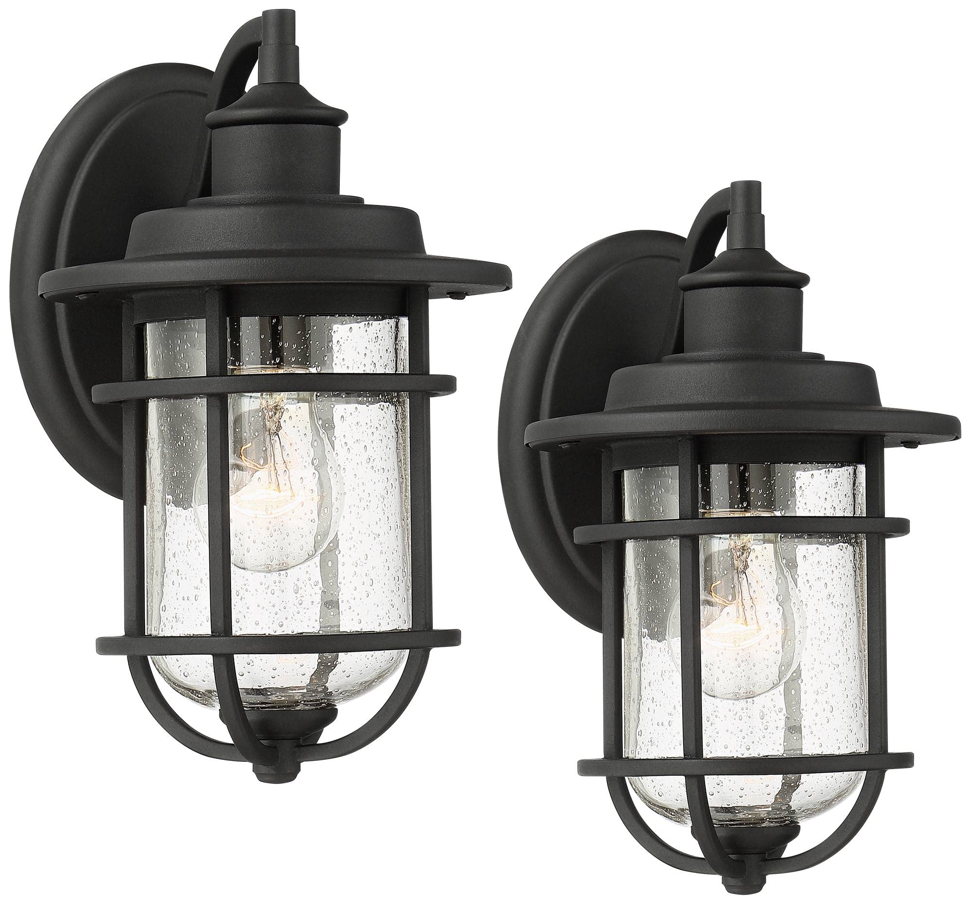 John Timberland Outdoor Wall Light Fixtures Set of 2, Textured Black, 10.5in Lantern, Clear Seedy Glass, Alloy Steel, Model JF-2017042
