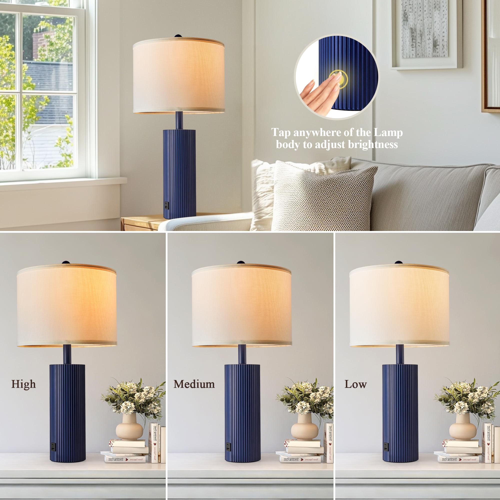 Bzzmmb 24.5'' Blue Table Lamps Set Of 2, Modern Living Room Touch Lamps With Usb C+A Ports, 2 Bulbs Included, Table Light Fixtur
