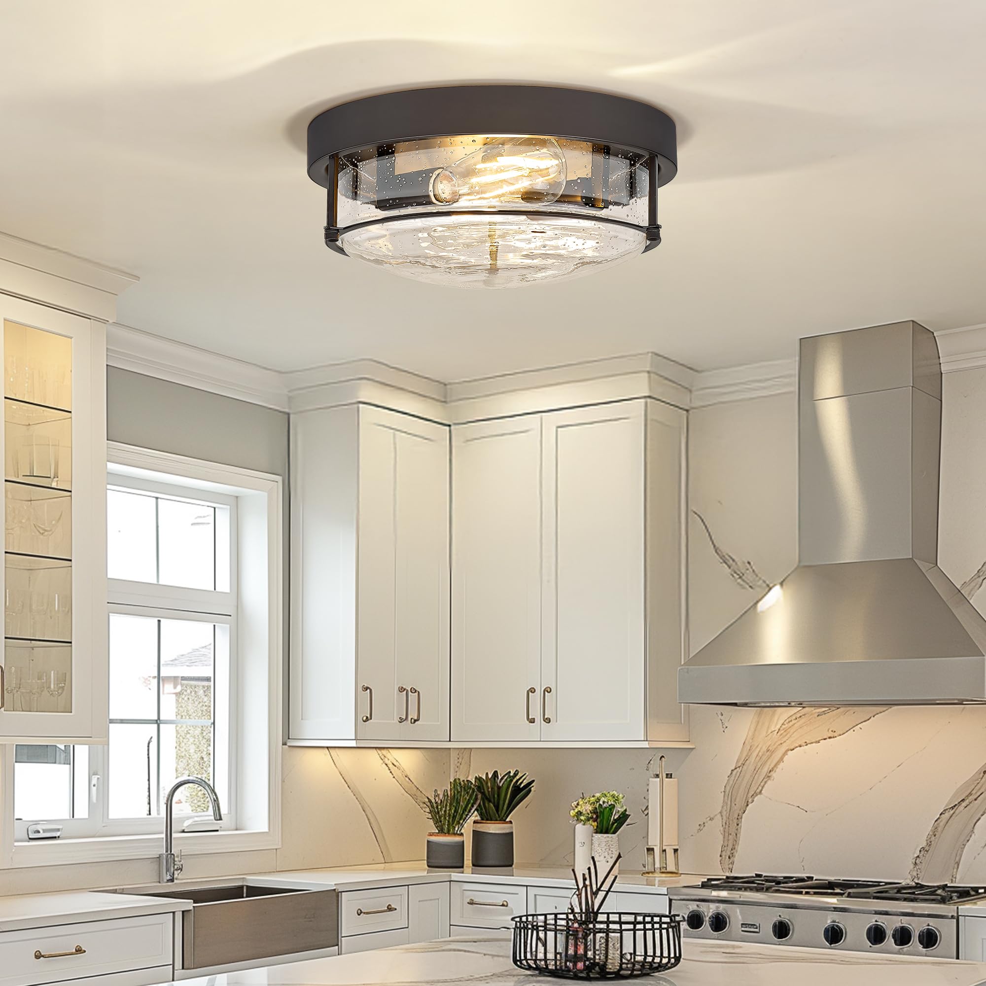 Cargifak 12-Inch Flush Mount Ceiling Light  Modern Farmhouse Style With Bubble Glass Shade  Oil Rubbed Bronze Finish  Ideal For Living Room  Bedroom  Or Dining Room - Model Ckcl4822-2W-Sgorb